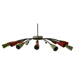 Gino Sarfatti Antique Midcentury Sputnik Chandelier with Red and Green Shades
