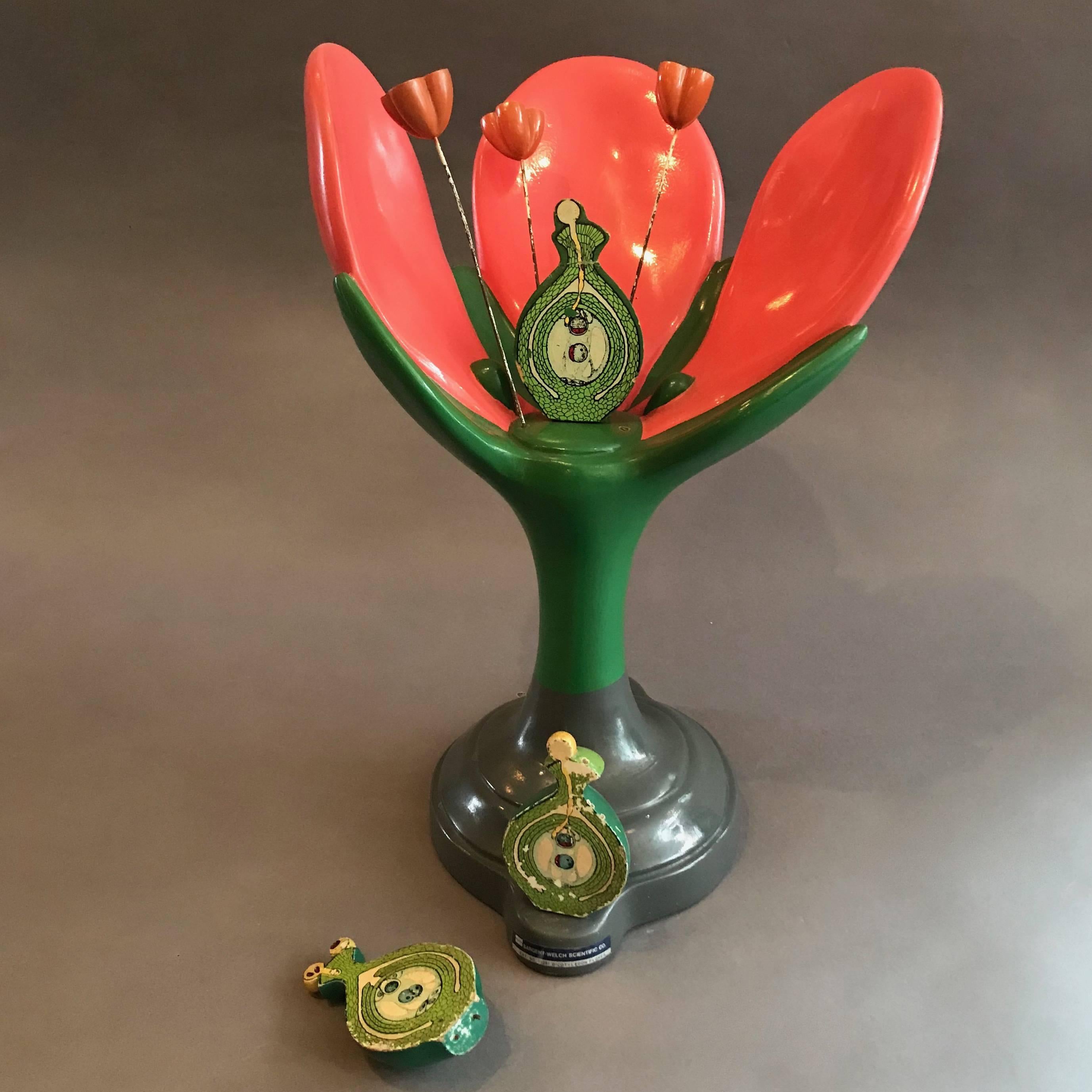 Painted resin composite, scientific, educational, botanical model of a dicotyledon flower with removable parts.
