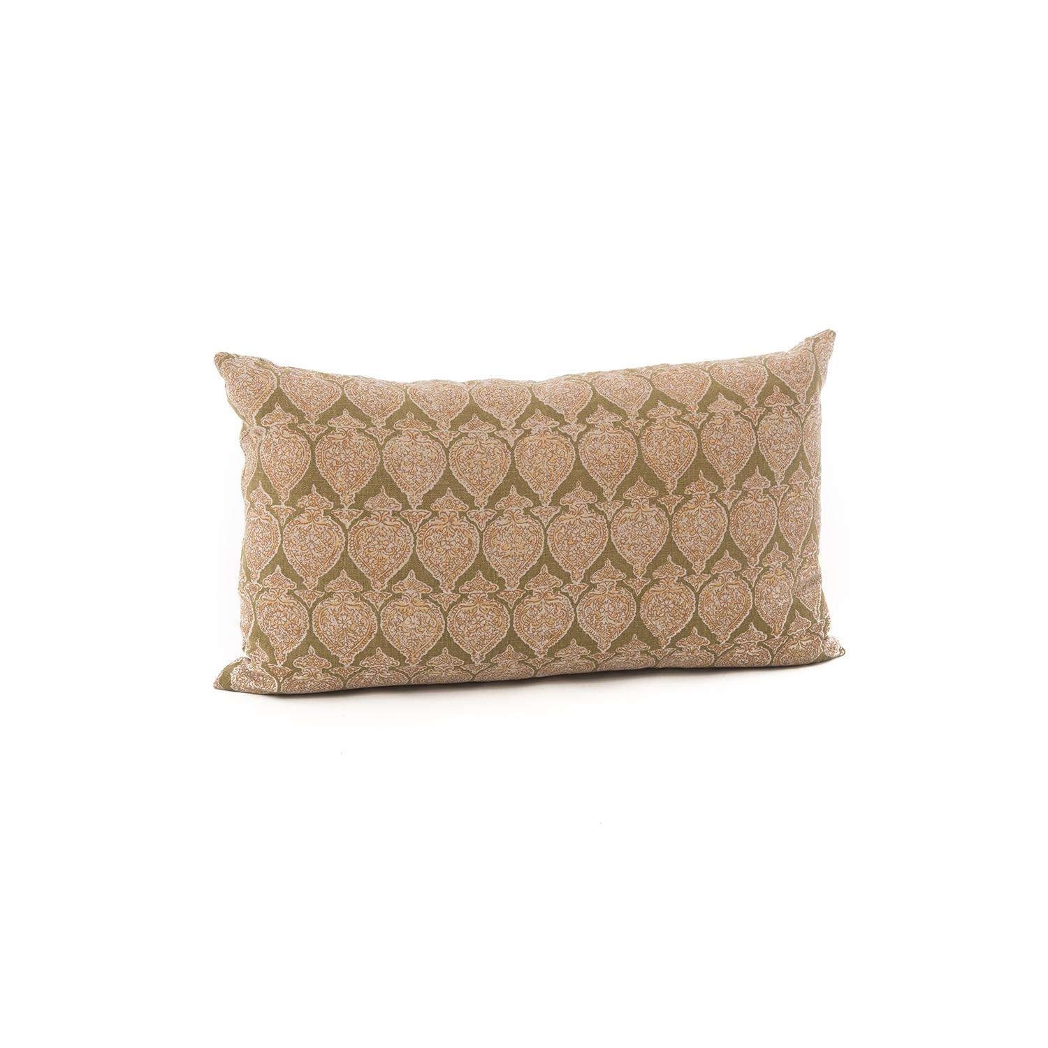 A linen and down filled lumbar pillow made for Danish teak Classics by American designer Anne Klemm Rogers. The Raoul textiles fabric showcases a woven sari pattern.