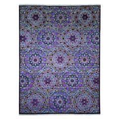 Sari Silk with Oxidized Wool Flower Blossom Hand Knotted Oriental Rug
