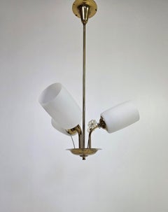 Sario Three-Light Brass Chandelier with Opaline Glass Shades, Finland, 1960s