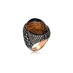 Gold and Silver Cocktail Ring  with Brown Diamond, White Diamond, Quartz