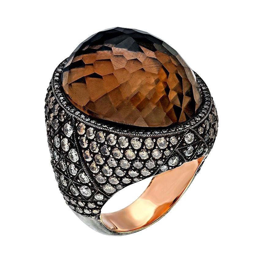 For Sale:  Gold and Silver Cocktail Ring  with Brown Diamond, White Diamond, Quartz