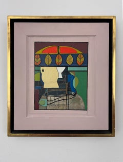 Natura morta astratta moderna di metà secolo. Brocca colorata astratta in crema.