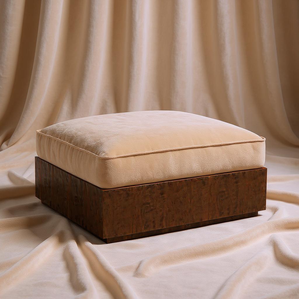 Modern Sarkooh I Pouf – Handcrafted Walnut Base Upholstered in Dedar Fabric (W 95 cm) For Sale