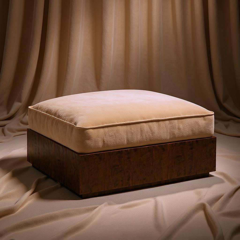 Persian Sarkooh I Pouf – Handcrafted Walnut Base Upholstered in Dedar Fabric (W 95 cm) For Sale
