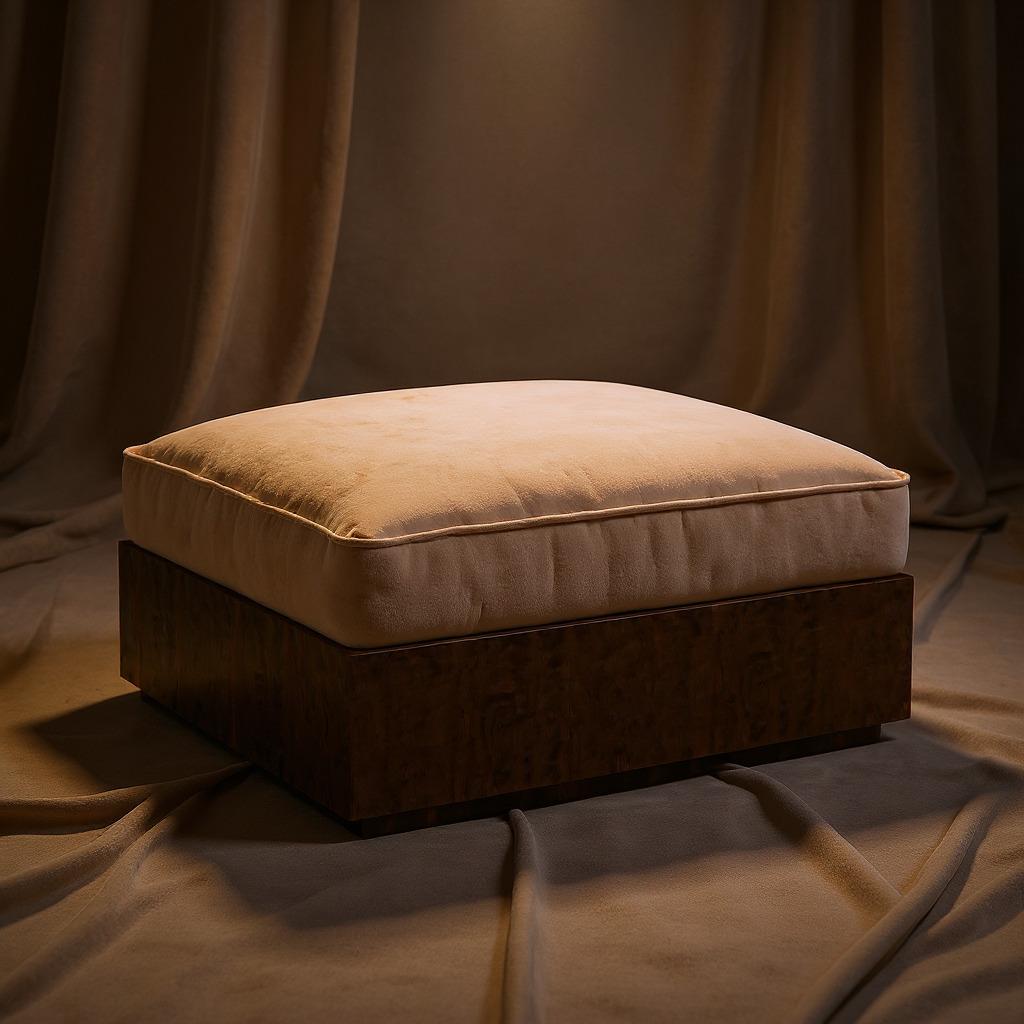 Hand-Carved Sarkooh I Pouf – Handcrafted Walnut Base Upholstered in Dedar Fabric (W 95 cm) For Sale