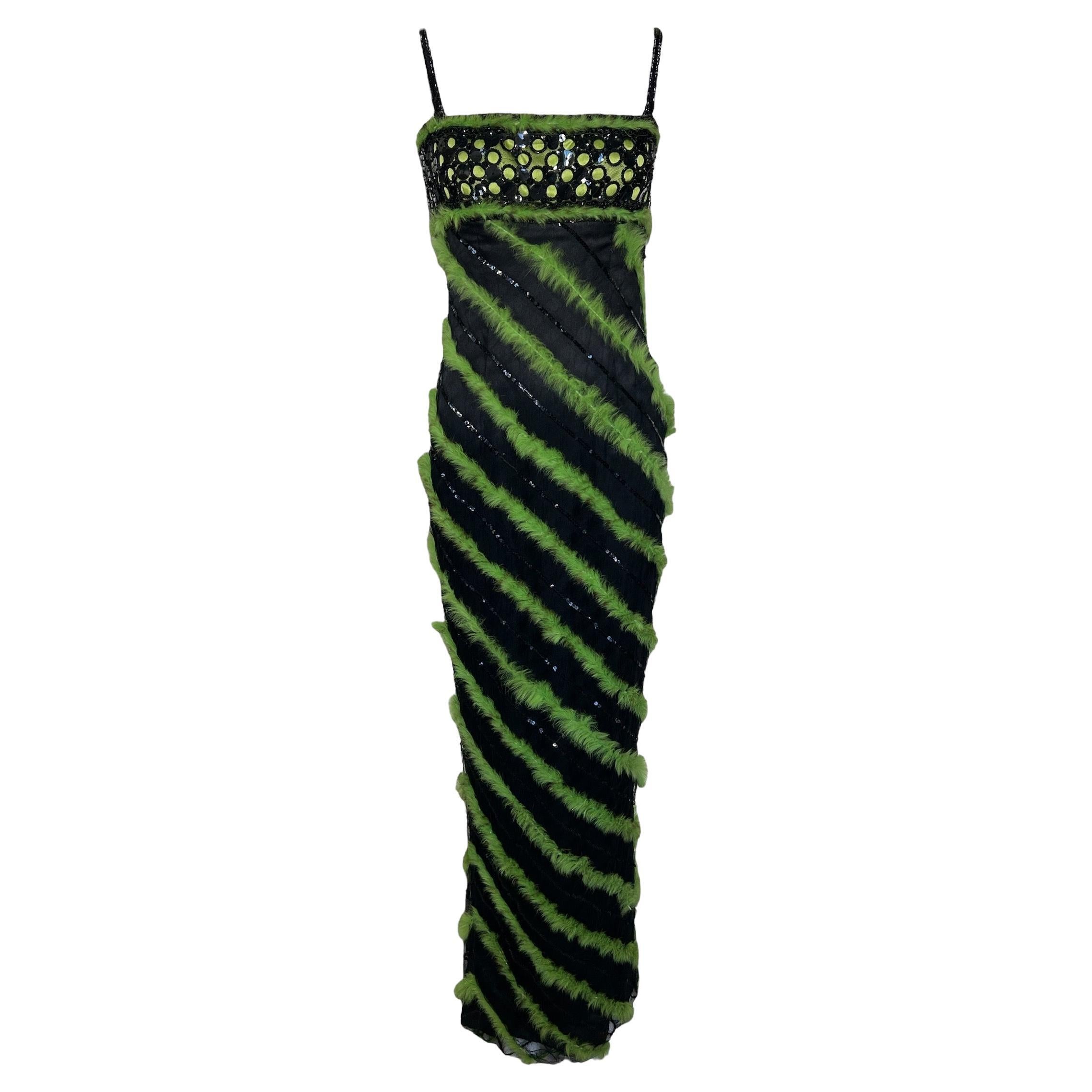 Sarli Italian Couture Fur Trimmed Green on Black Striped Gown For Sale
