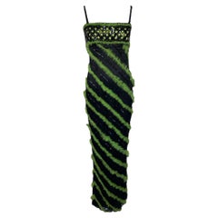 Sarli Italian Couture Fur Trimmed Green on Black Striped Gown