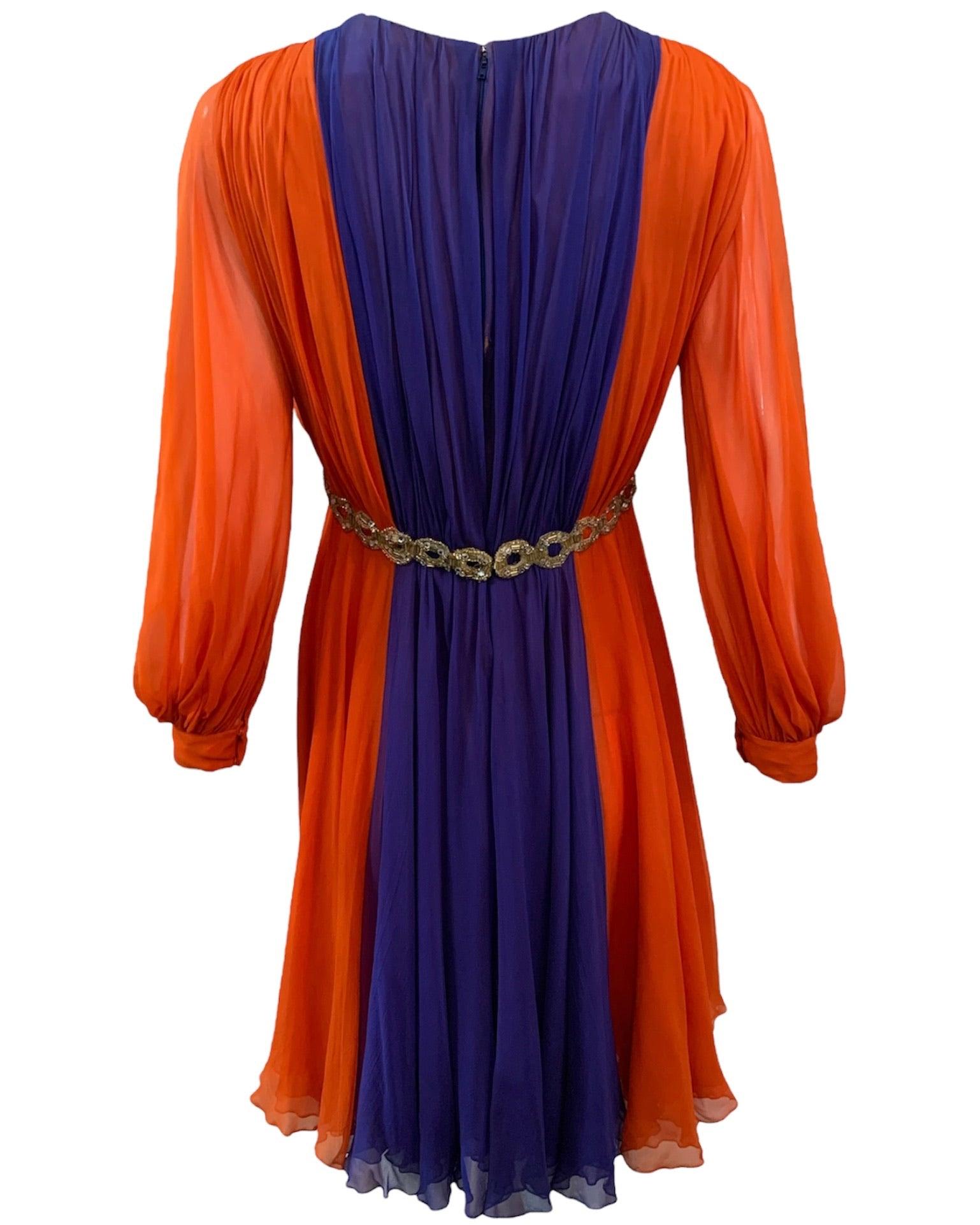 Purple Sarmi Orange and Violet Chiffon Party Dress with Beaded Waist, 1960s For Sale