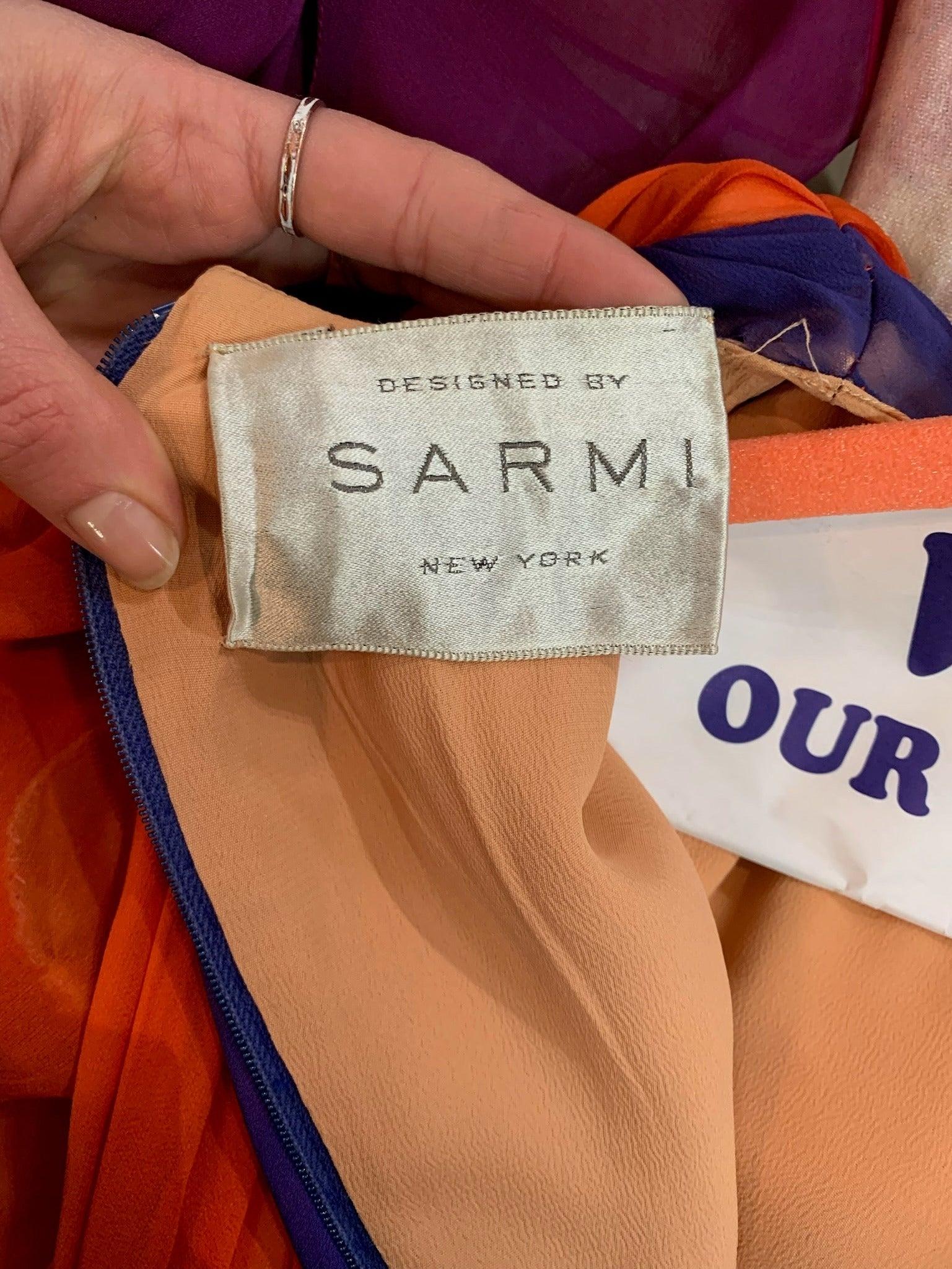 Sarmi Orange and Violet Chiffon Party Dress with Beaded Waist, 1960s In Good Condition For Sale In Los Angeles, CA