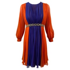 Sarmi Orange and Violet Chiffon Party Dress with Beaded Waist, 1960s