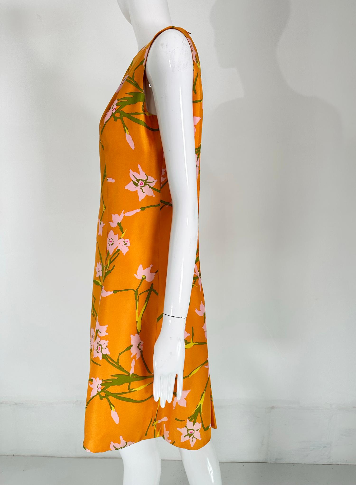 Sarmi Orange Floral Printed Silk Inverted Pleat Skirt Sleeveless Dress 1960s For Sale 7