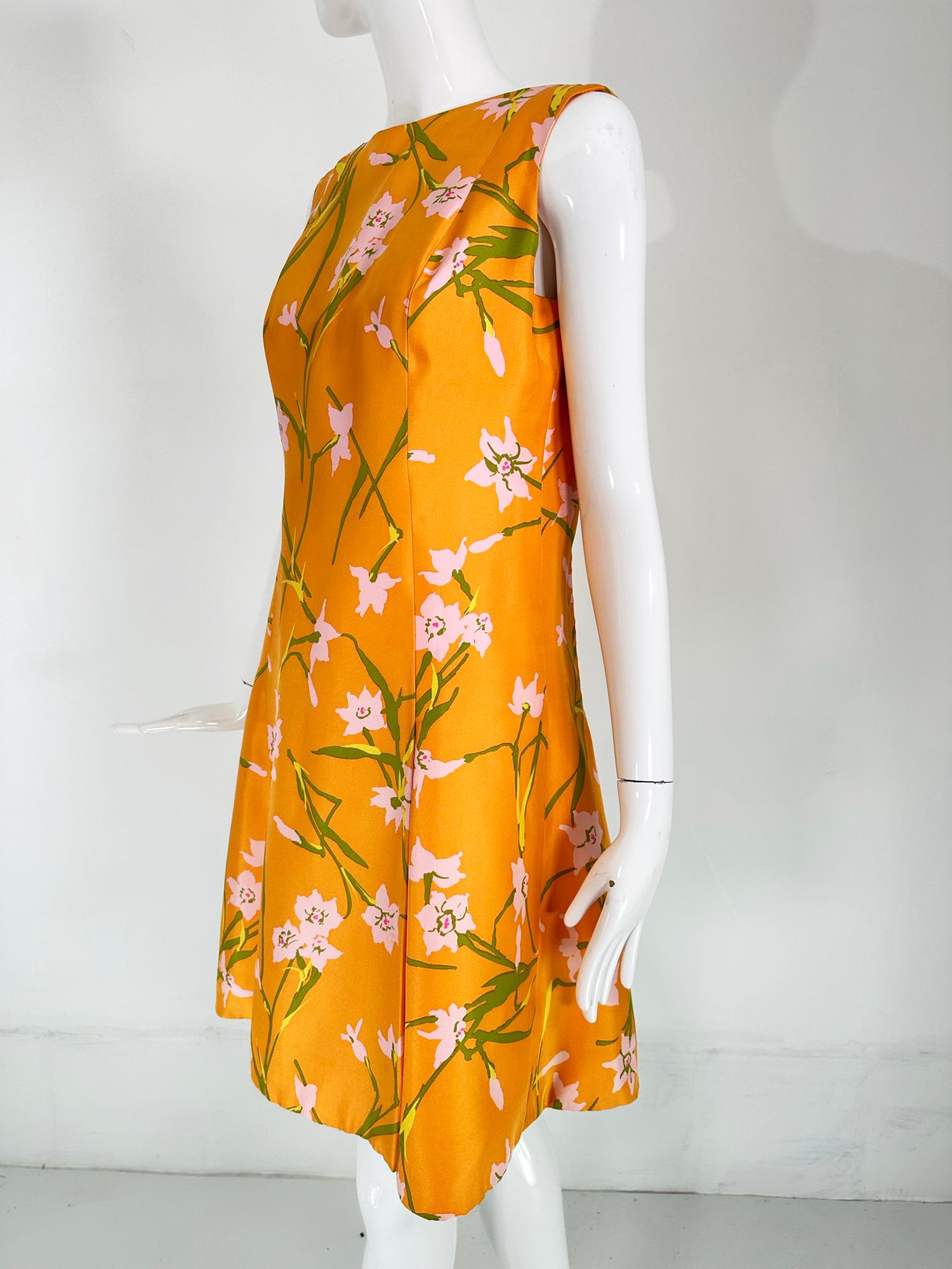 Sarmi Orange Floral Printed Silk Inverted Pleat Skirt Sleeveless Dress 1960s For Sale 8