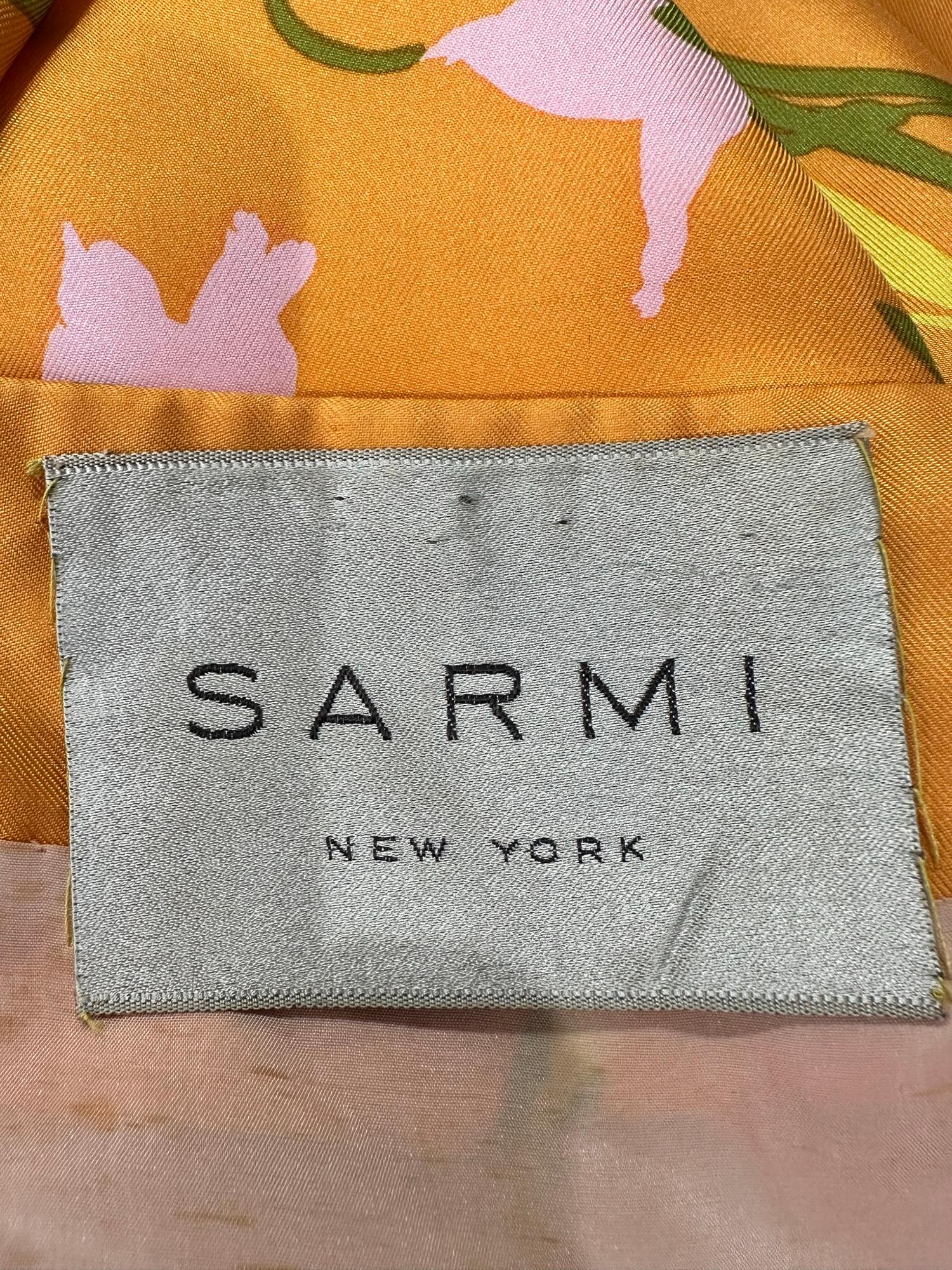 Sarmi Orange Floral Printed Silk Inverted Pleat Skirt Sleeveless Dress 1960s For Sale 9