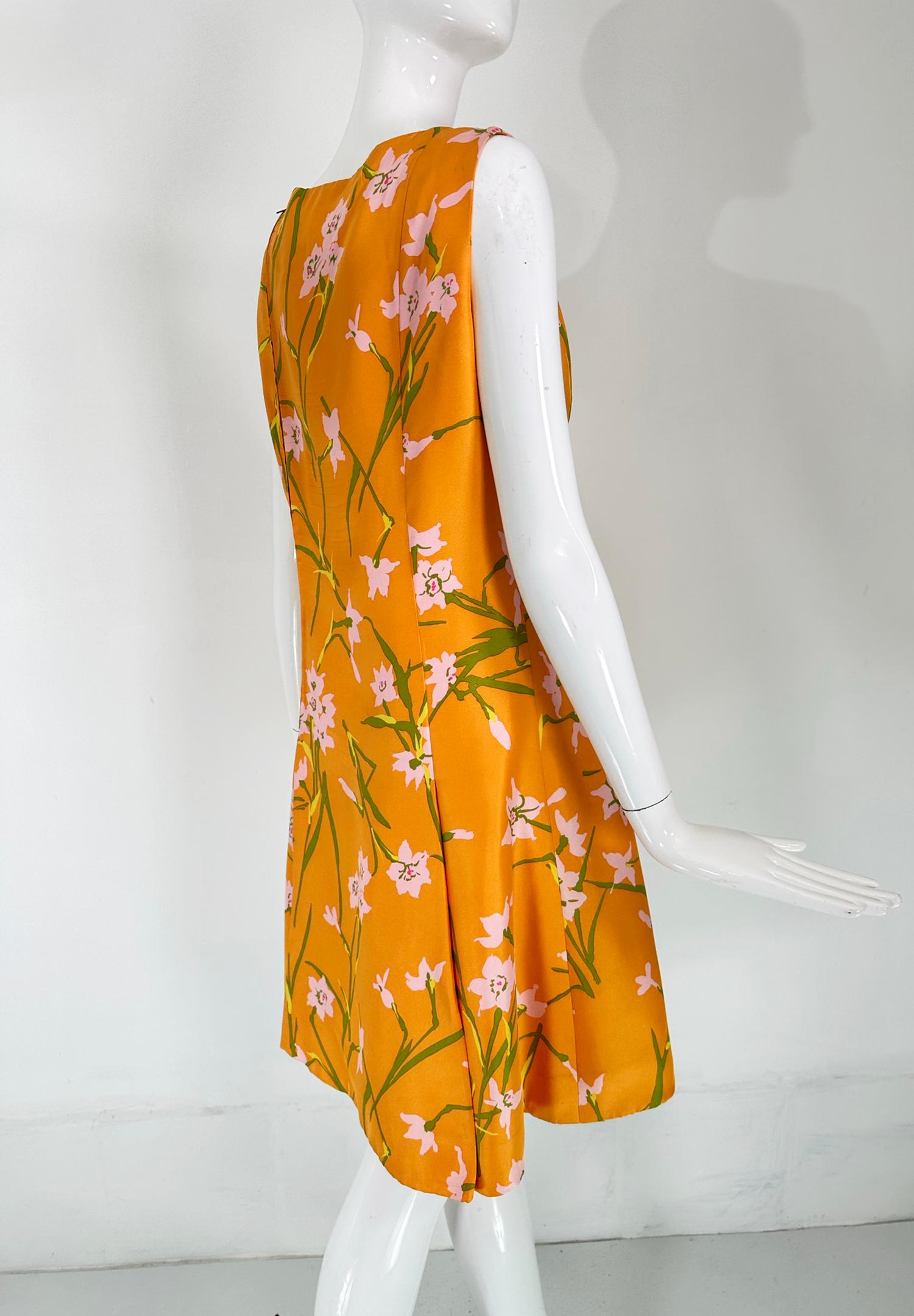 Sarmi Orange Floral Printed Silk Inverted Pleat Skirt Sleeveless Dress 1960s For Sale 2