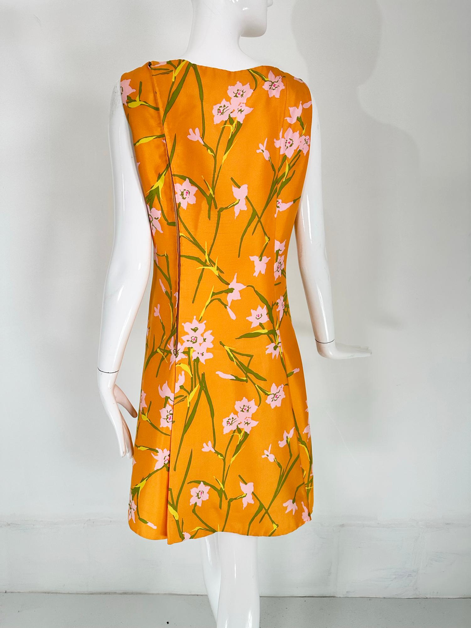 Sarmi Orange Floral Printed Silk Inverted Pleat Skirt Sleeveless Dress 1960s For Sale 4