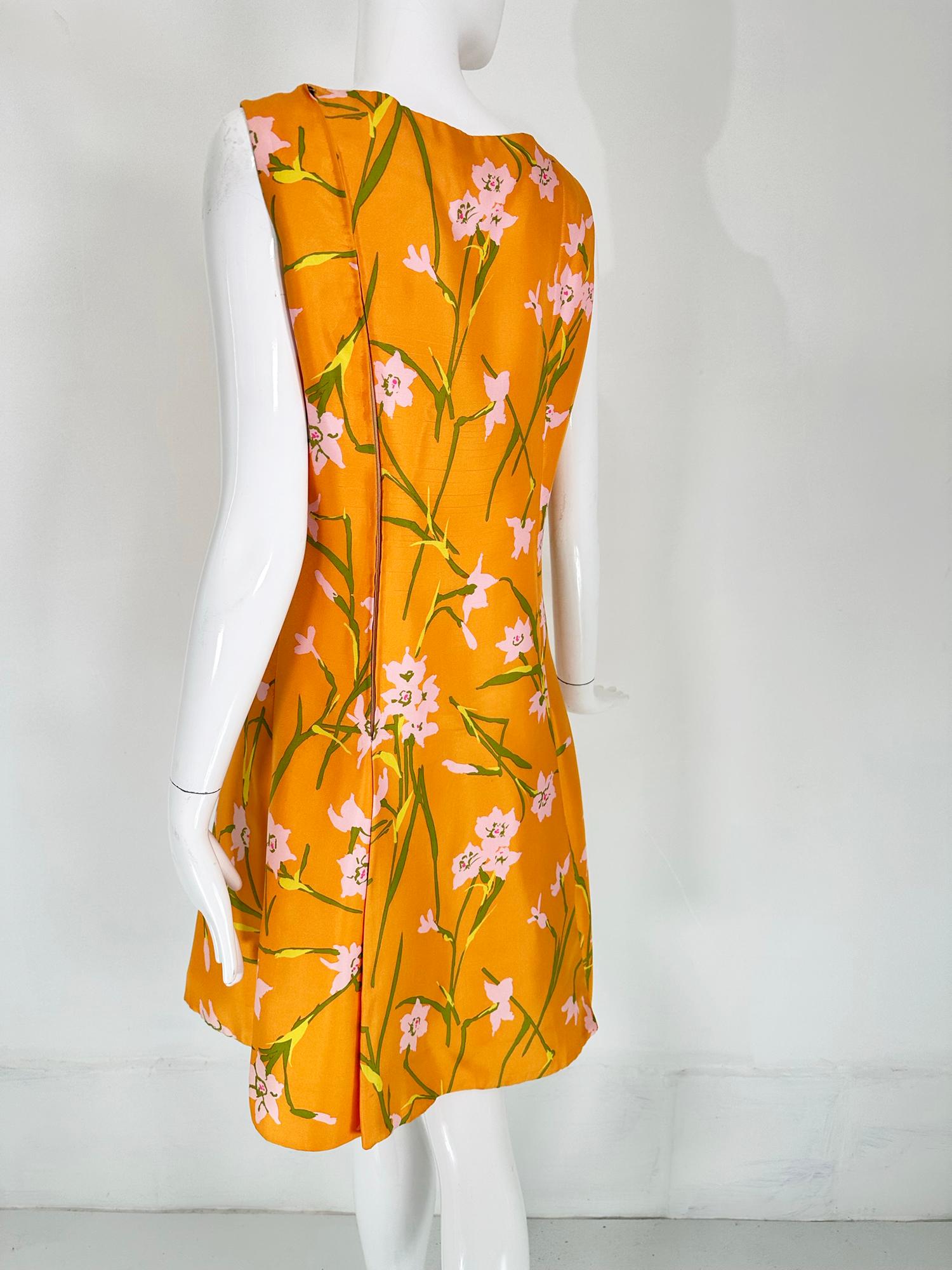 Sarmi Orange Floral Printed Silk Inverted Pleat Skirt Sleeveless Dress 1960s For Sale 5