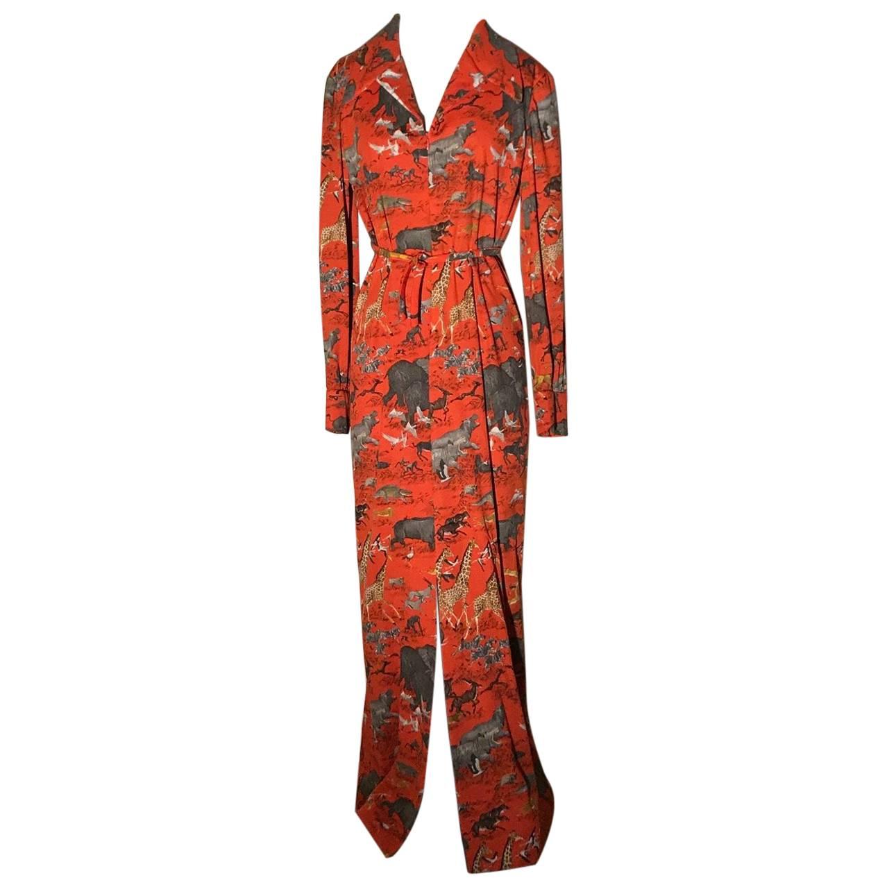 Sarmi Safari Animal Print Red Maxi Shirt Dress, 1960s