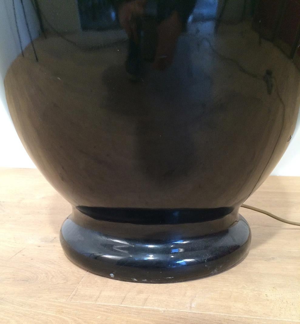 Brass Saronno Italy, Important Black Enameled Ceramic Lamp, Signed, circa 1960 For Sale