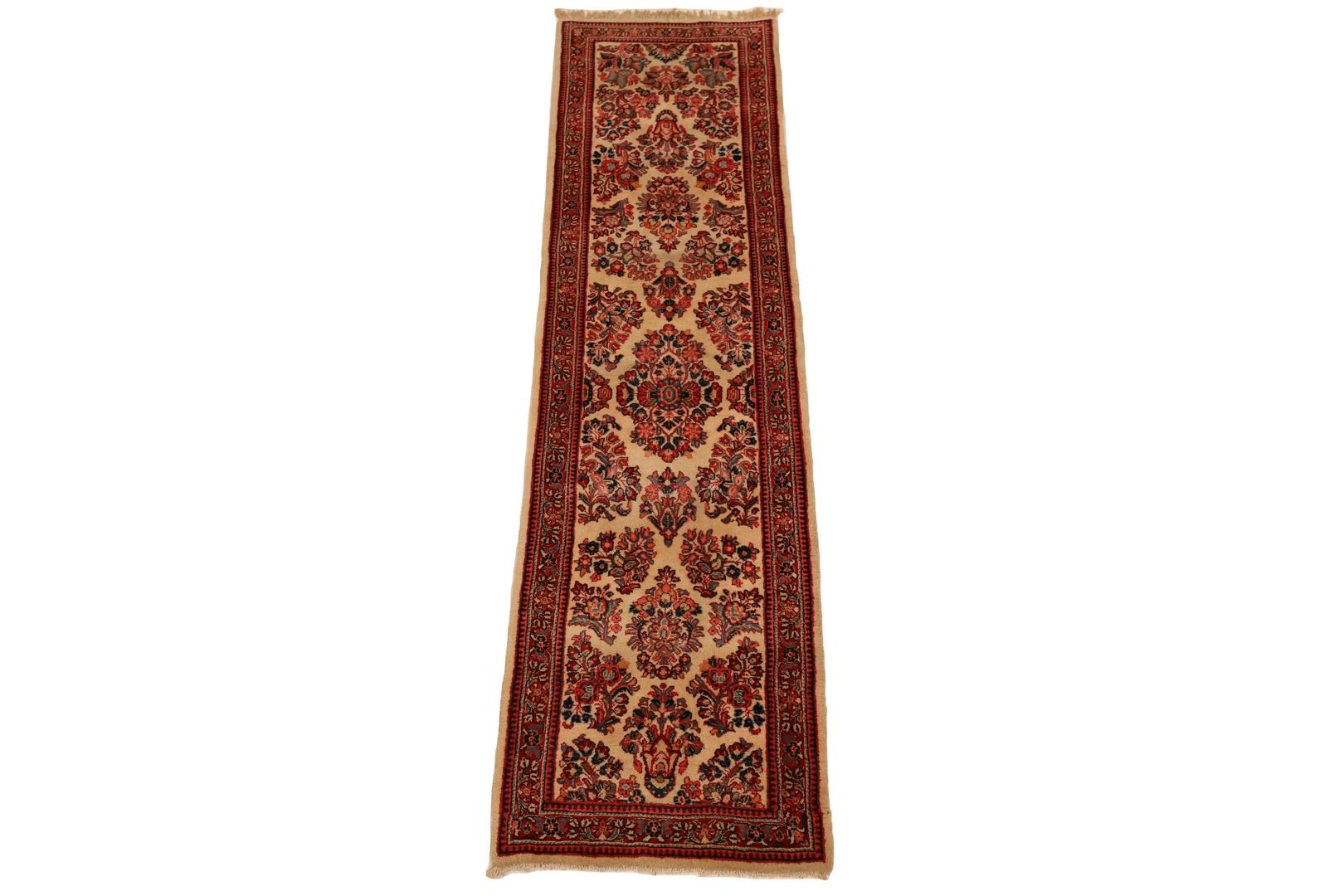 Embrace the timeless elegance and vibrant charm of the Sarouk Rug, a masterpiece that weaves history and artistry into your living space. This rug boasts a warm and inviting beige background, adorned with a captivating medallion design that weaves a
