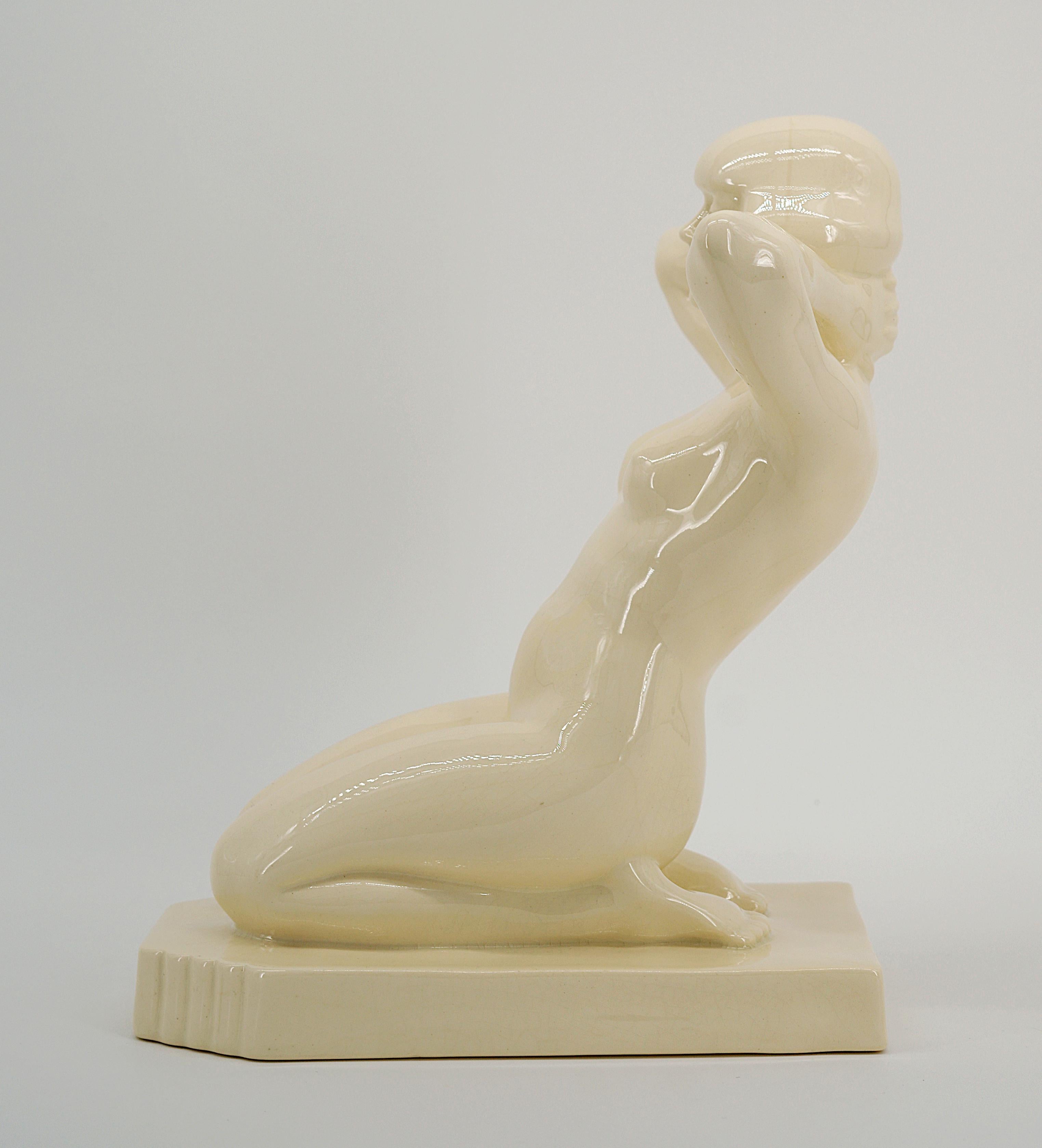 Early 20th Century Sarreguemines Art Deco Crackle Glaze Ceramic Lady, Ca.1925 For Sale