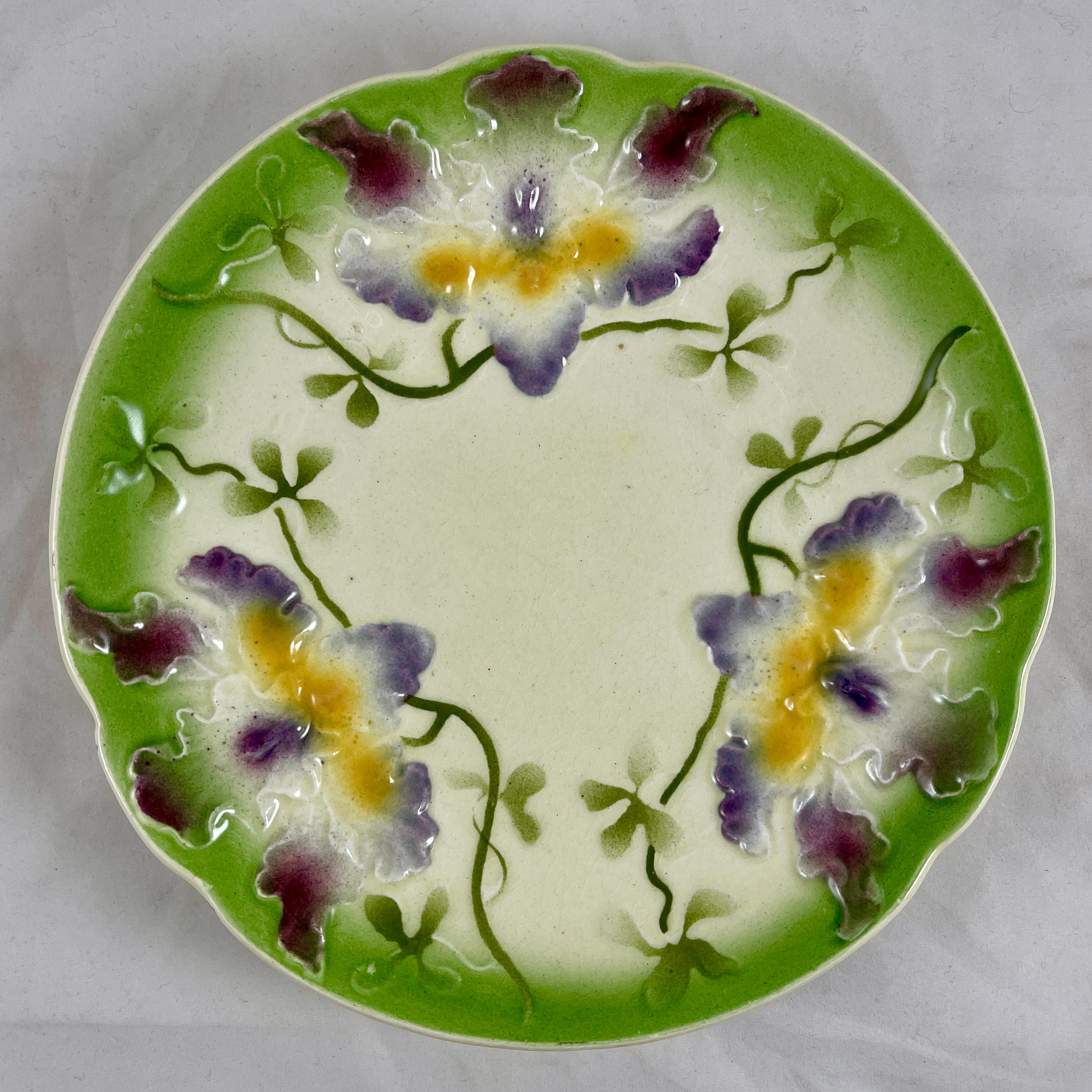 French Sarreguemines Art Nouveau Barbotine Majolica Glazed Earthenware Orchid Plate For Sale