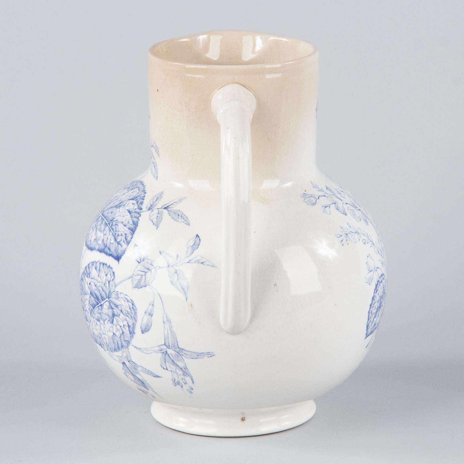 Sarreguemines Ceramic Blue and White Pitcher and Bowl, France, 1920s 5