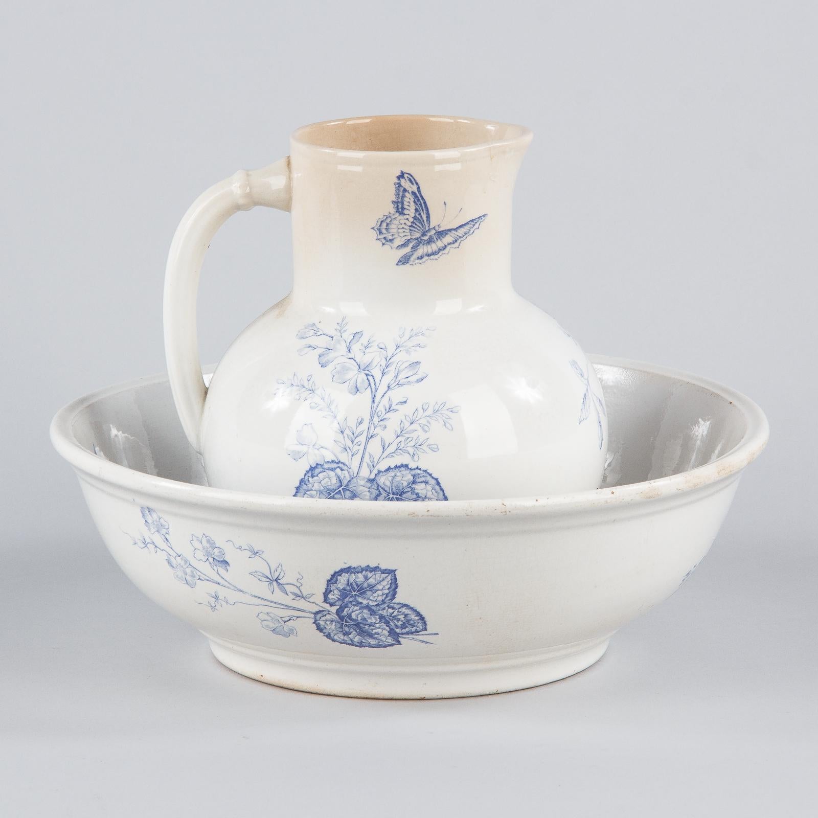 Sarreguemines Ceramic Blue and White Pitcher and Bowl, France, 1920s 9