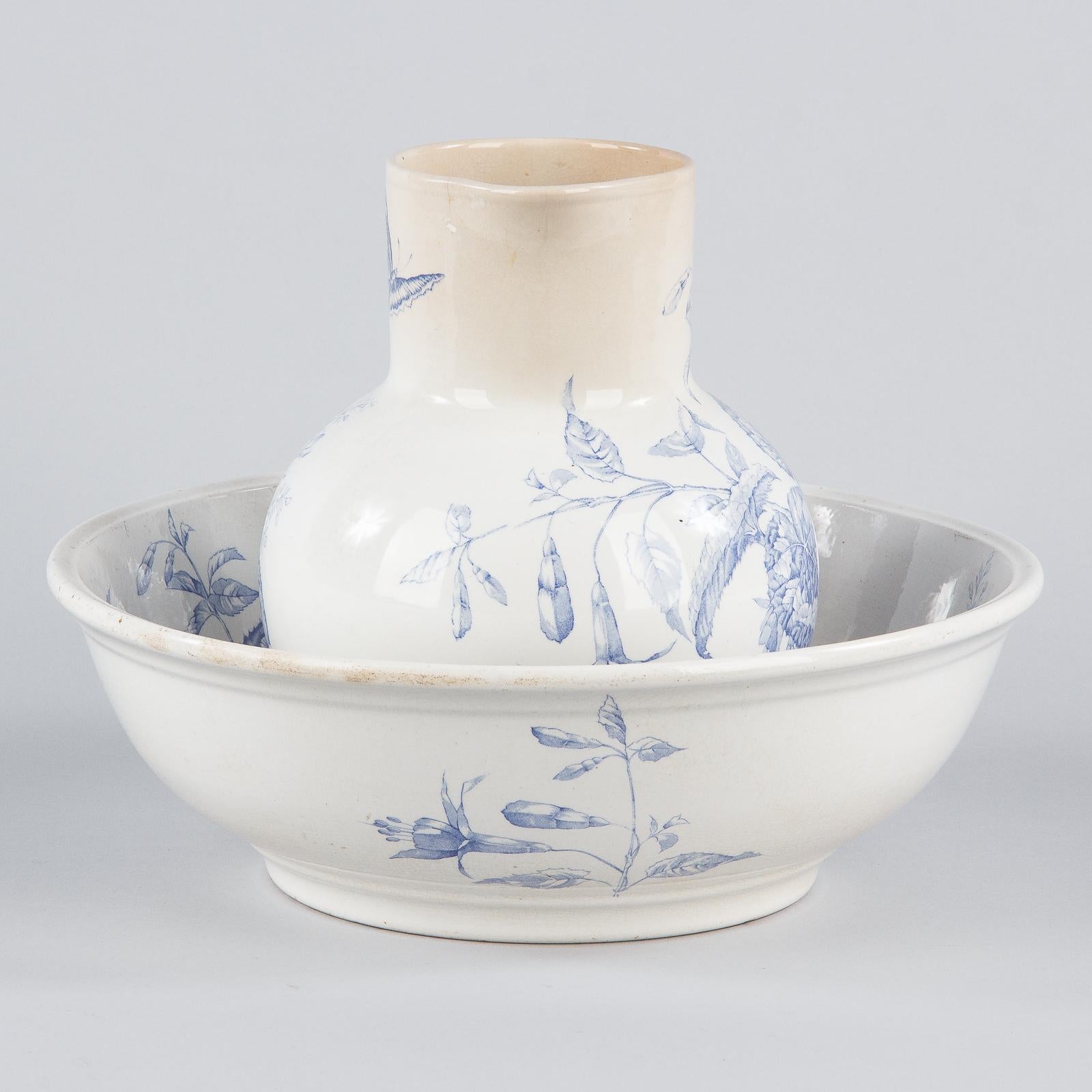 Sarreguemines Ceramic Blue and White Pitcher and Bowl, France, 1920s 10