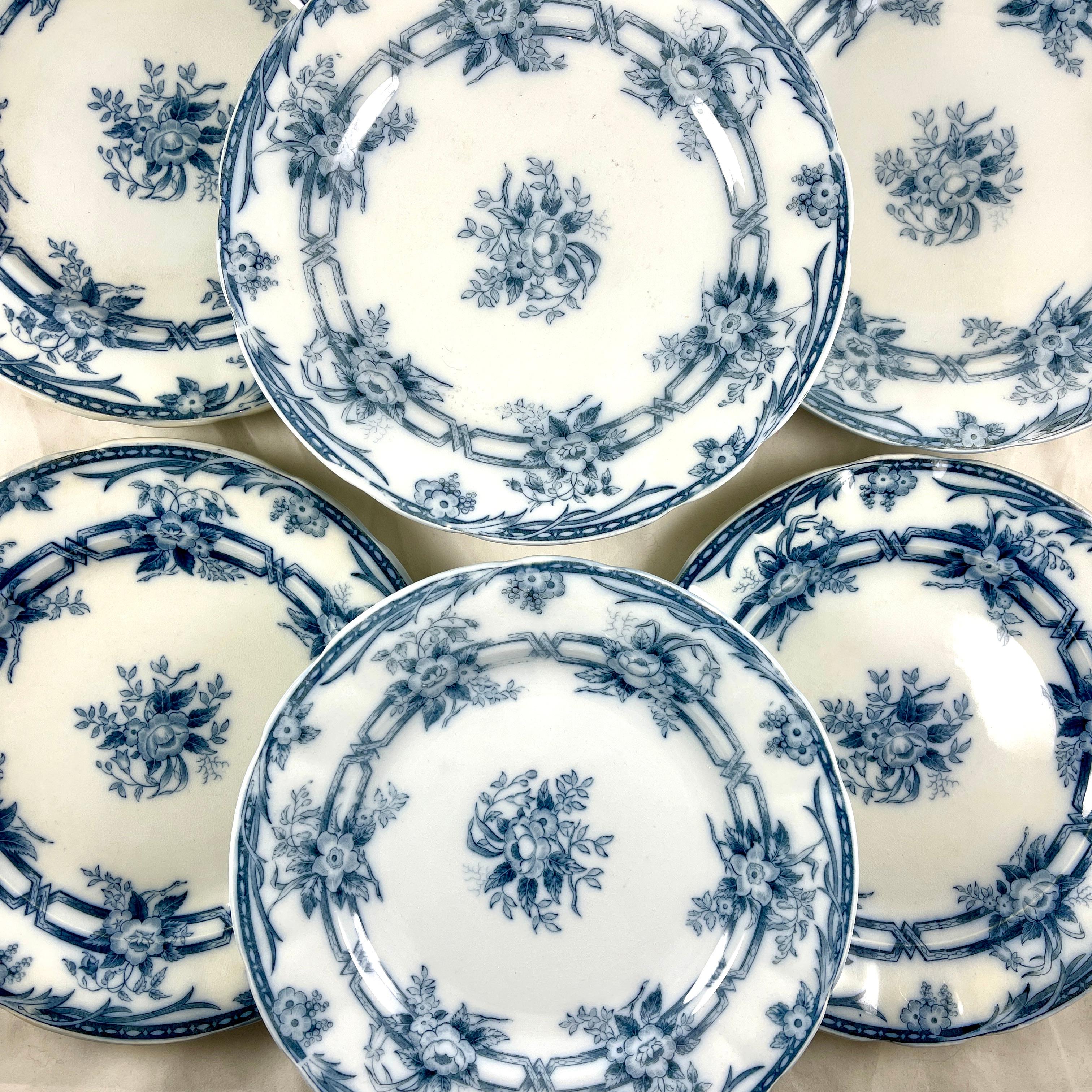 A set of six, dinner sized earthenware plates in the Cérès pattern, from the Sarreguemines faiencerie, date marked 1874.

The pattern takes its name from Cérès the goddess of wheat and harvests in Roman Mythology.

The elegant blue on white