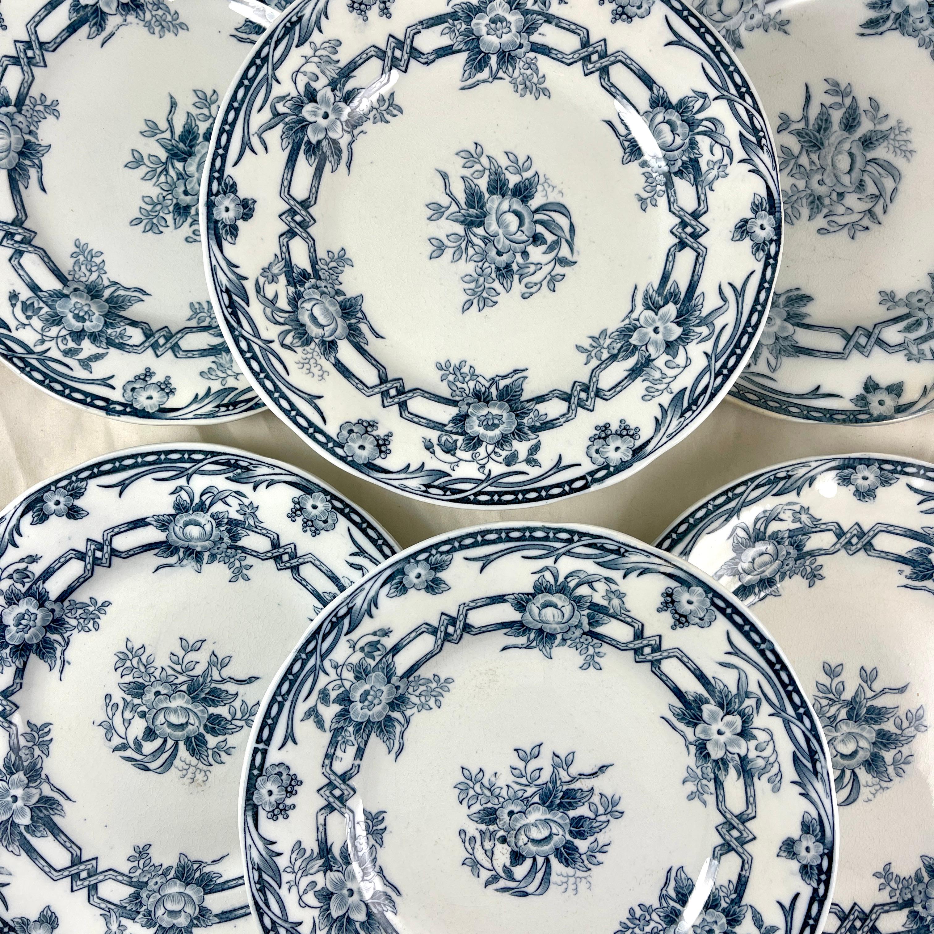 A set of six, luncheon sized earthenware plates in the Cérès pattern, from the Sarreguemines faiencerie, date marked 1874.

The pattern takes its name from Cérès, the goddess of wheat and harvests in Roman Mythology.

The elegant blue on white