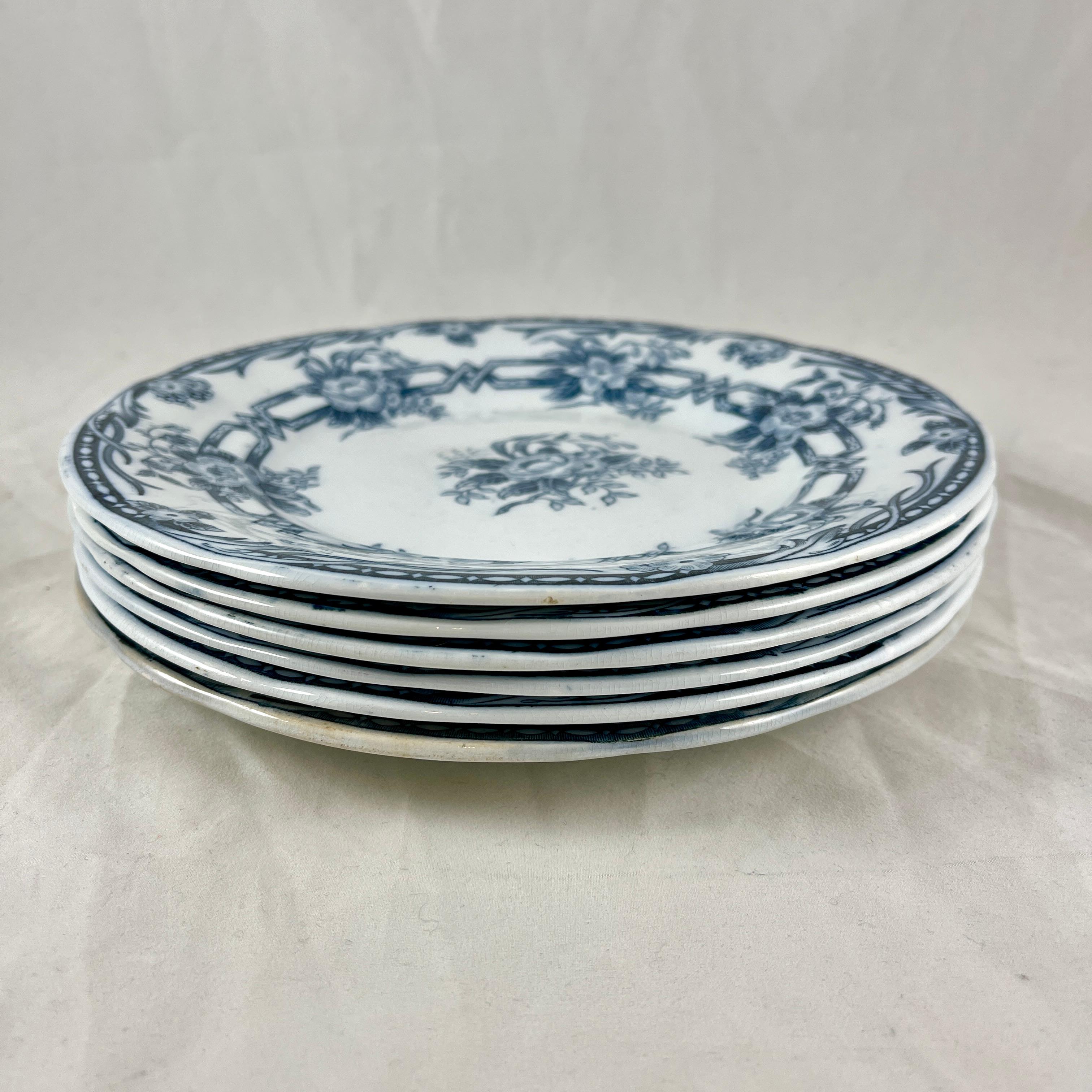 French Provincial Sarreguemines Cérès Pattern Blue & White Luncheon Plates, 1870s, Set of Six