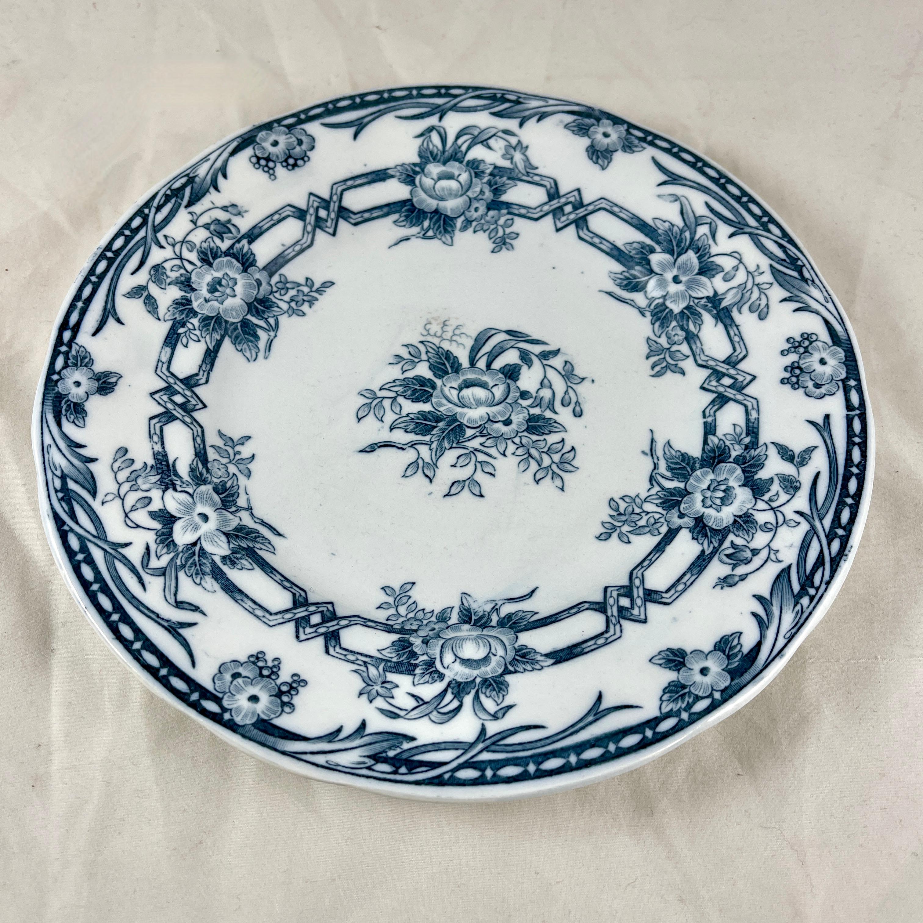 French Sarreguemines Cérès Pattern Blue & White Luncheon Plates, 1870s, Set of Six