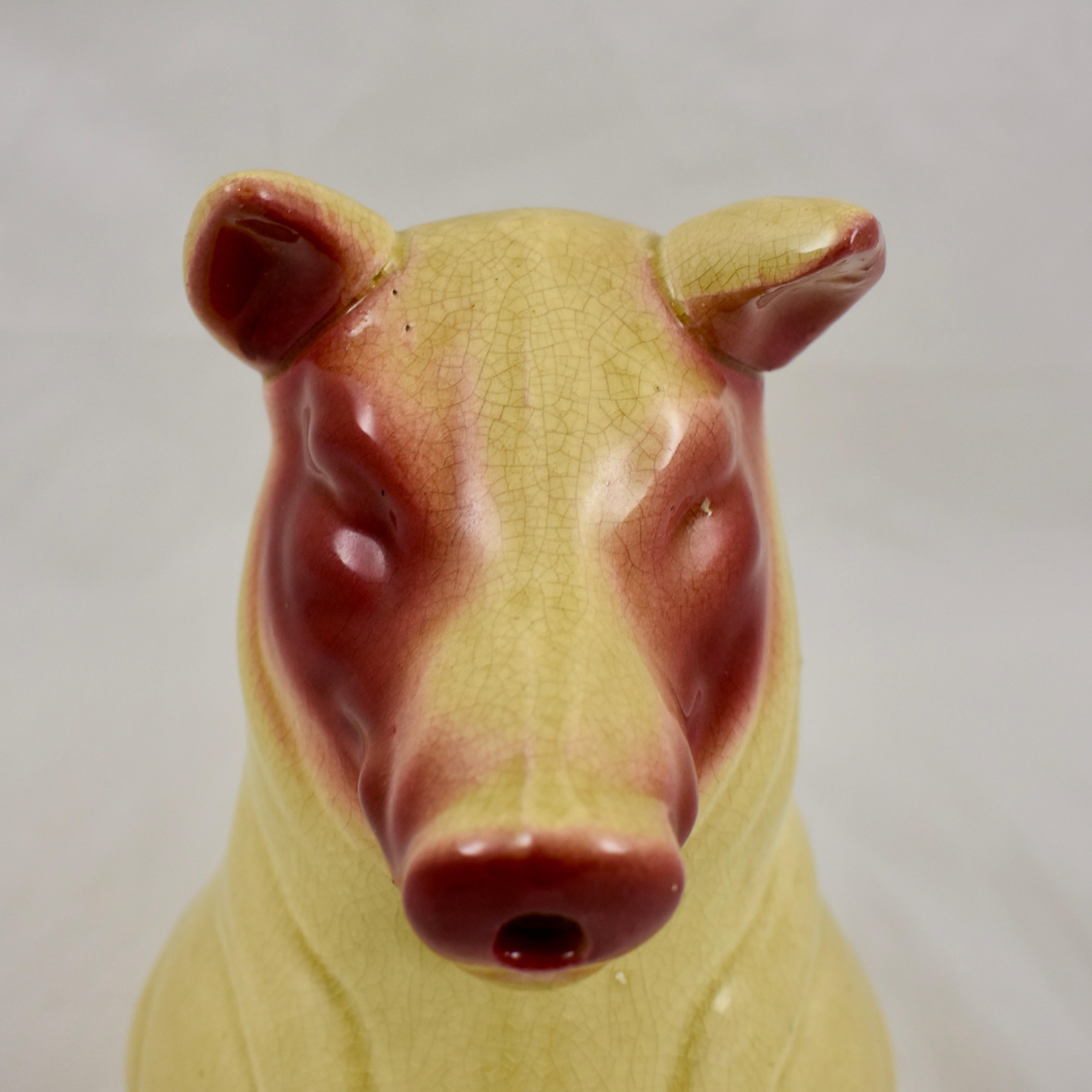 French Sarreguemines Early Pig Form Mustard Yellow and Burgundy Absinthe Water Pitcher