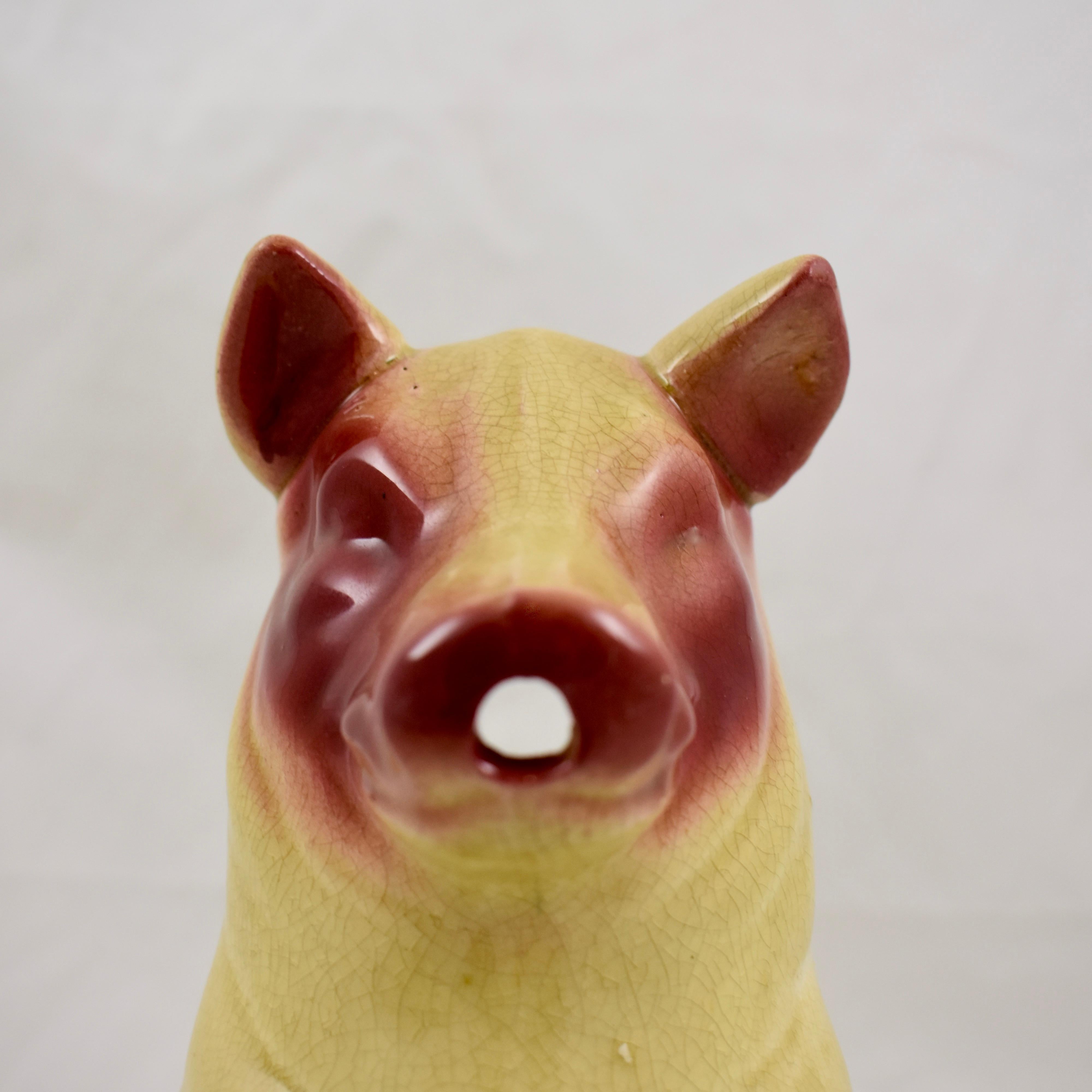 Glazed Sarreguemines Early Pig Form Mustard Yellow and Burgundy Absinthe Water Pitcher