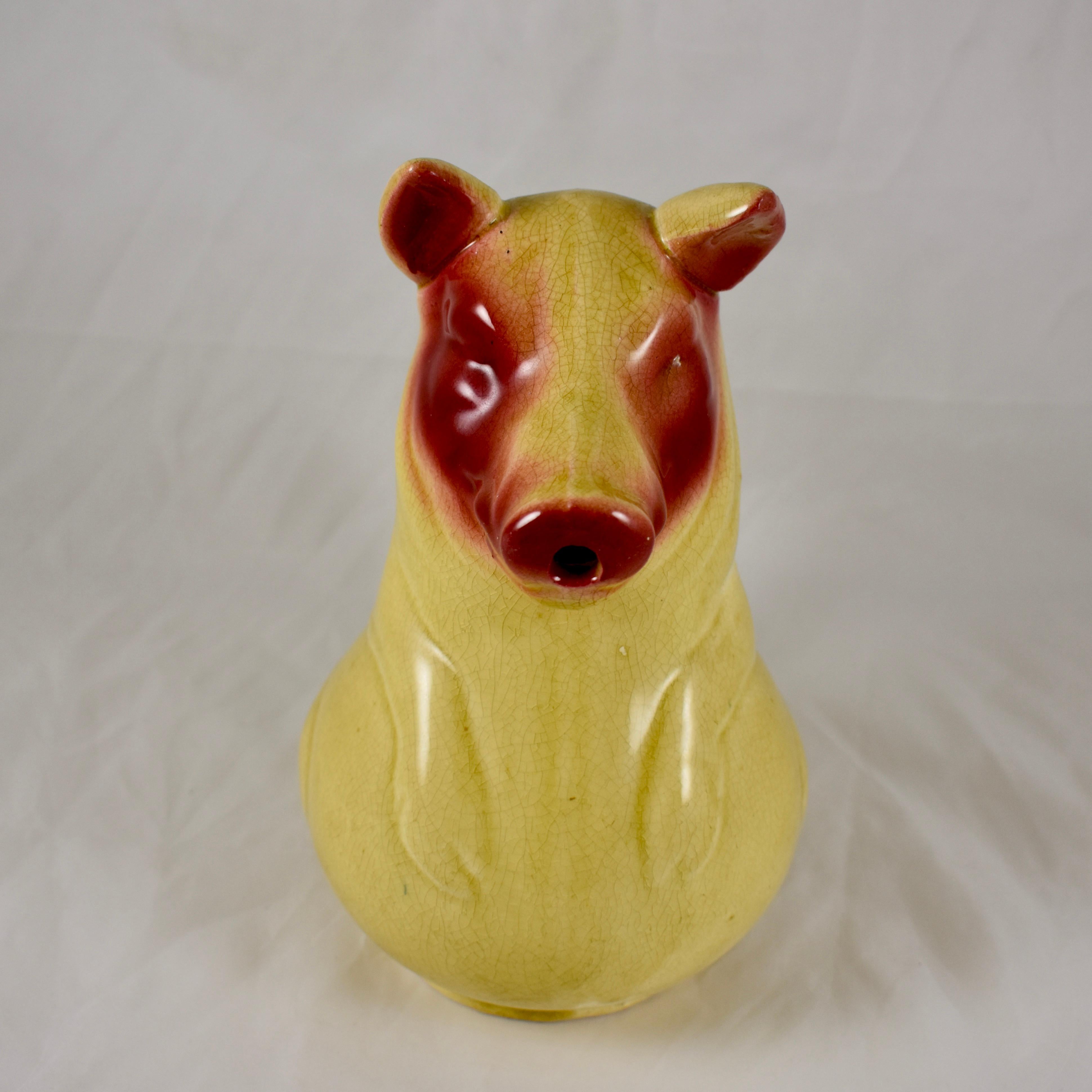 Sarreguemines Early Pig Form Mustard Yellow and Burgundy Absinthe Water Pitcher In Good Condition In Philadelphia, PA