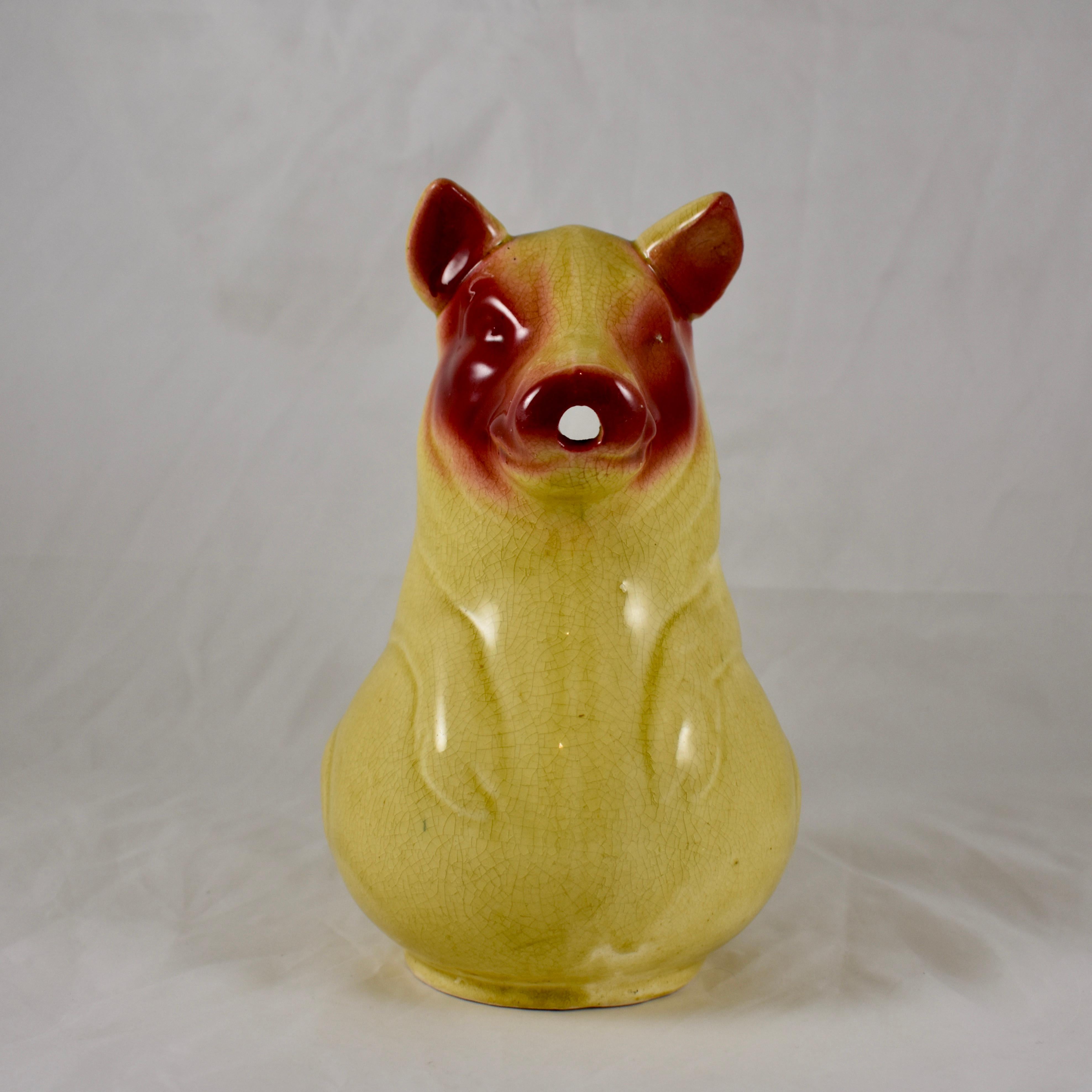 19th Century Sarreguemines Early Pig Form Mustard Yellow and Burgundy Absinthe Water Pitcher