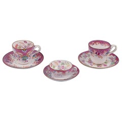 Antique Sarreguemines, France, Two Pairs of Coffee Cups and a Tea Cup in Porcelain