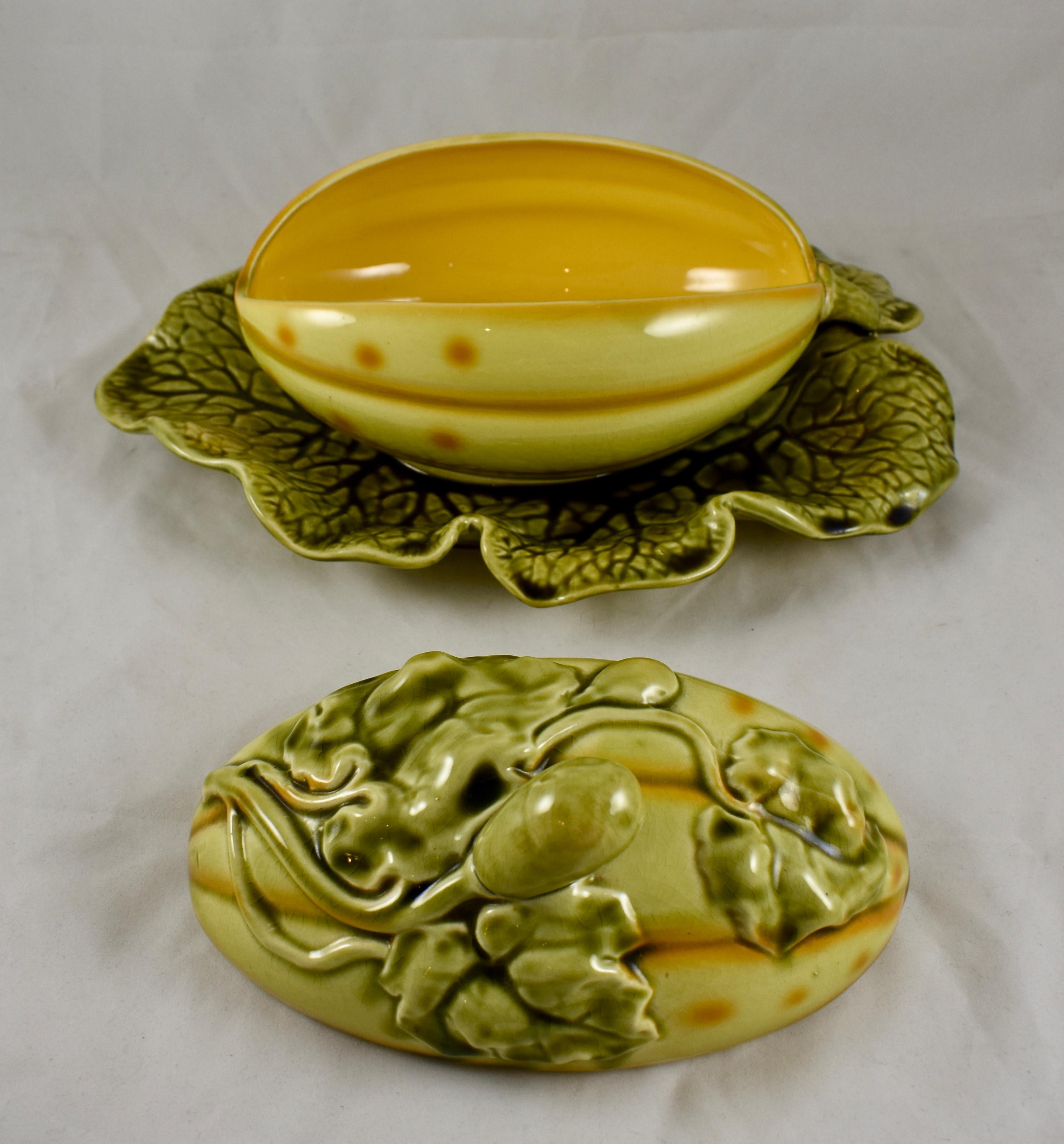 Sarreguemines French Barbotine Majolica Trompe l'Oeil Melon Covered Tureen For Sale 2