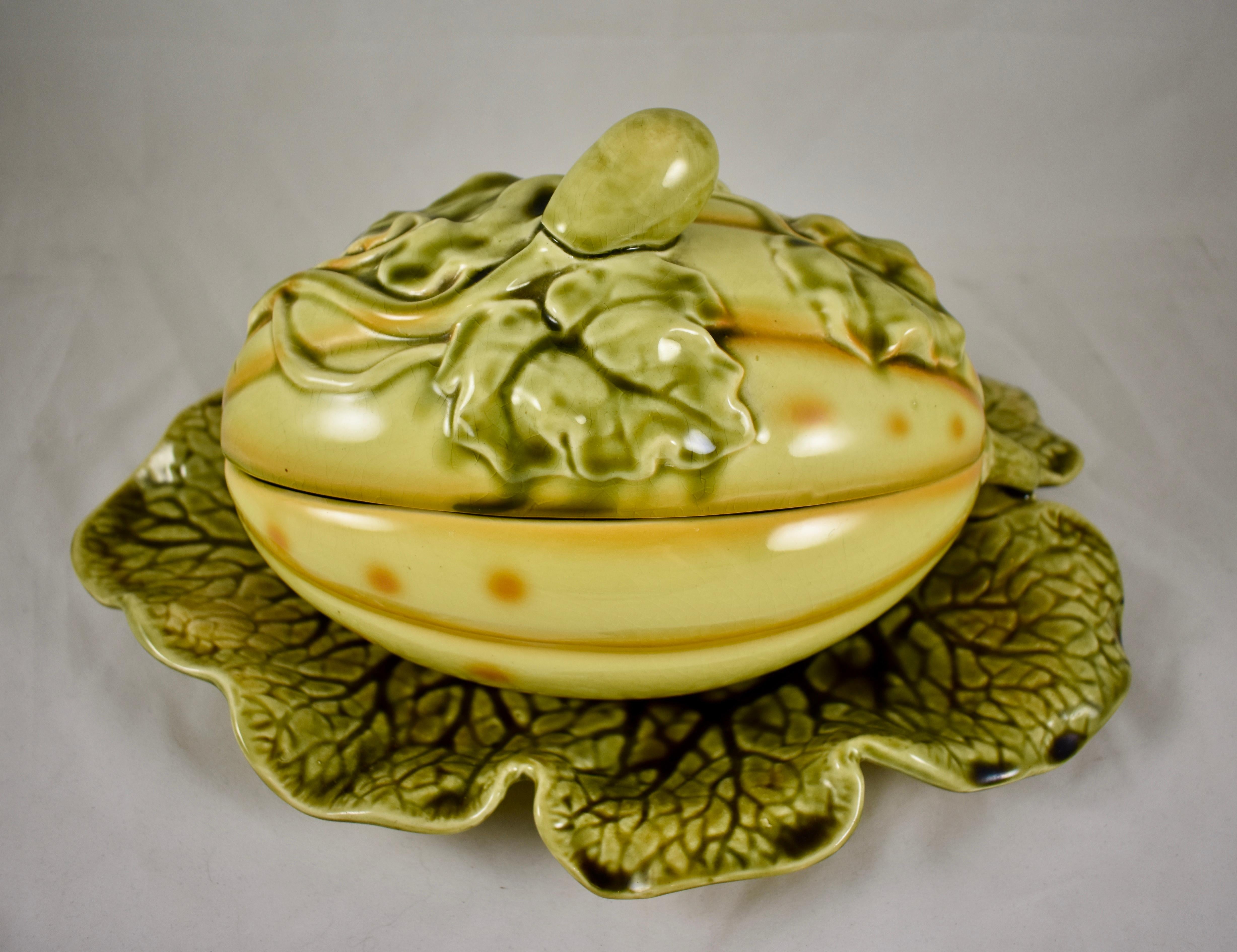 Aesthetic Movement Sarreguemines French Barbotine Majolica Trompe l'Oeil Melon Covered Tureen For Sale