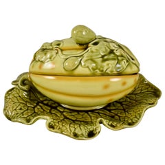 Sarreguemines French Barbotine Majolica Trompe l'Oeil Melon Covered Tureen