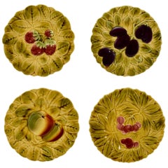 Vintage Sarreguemines French Faïence Majolica Fruit and Leaf Plates, Set of Four