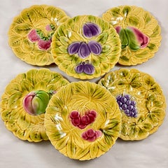 Sarreguemines French Faïence Majolica Fruit and Leaf Plates, Set of Six