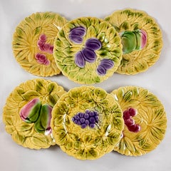 Sarreguemines French Faïence Majolica Fruit and Leaf Plates, Set of Six