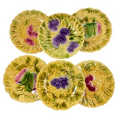 Sarreguemines Französisch Faïence Majolika Obst und Blatt-Platten, Satz von sechs
