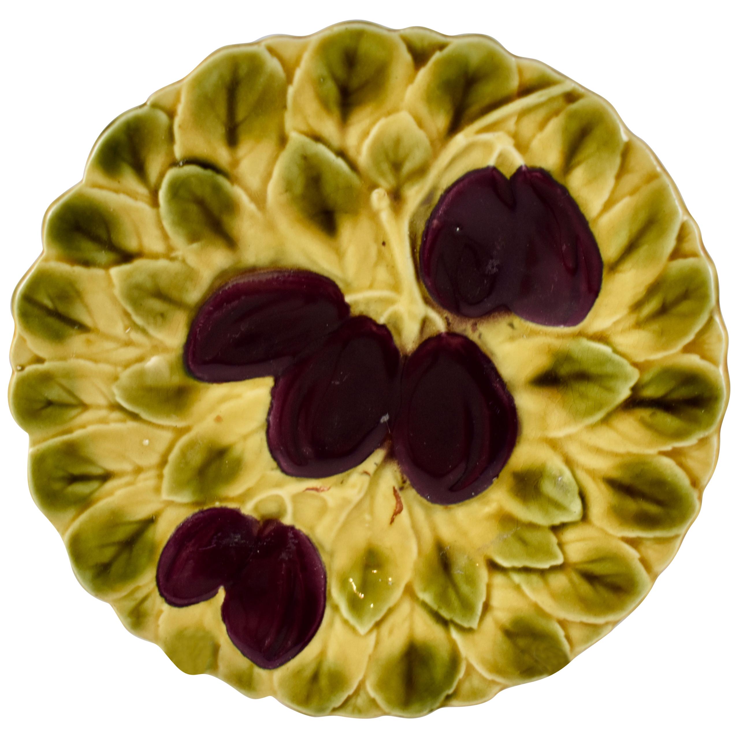 Sarreguemines French Faïence Majolica Plum Fruit and Leaf Plate