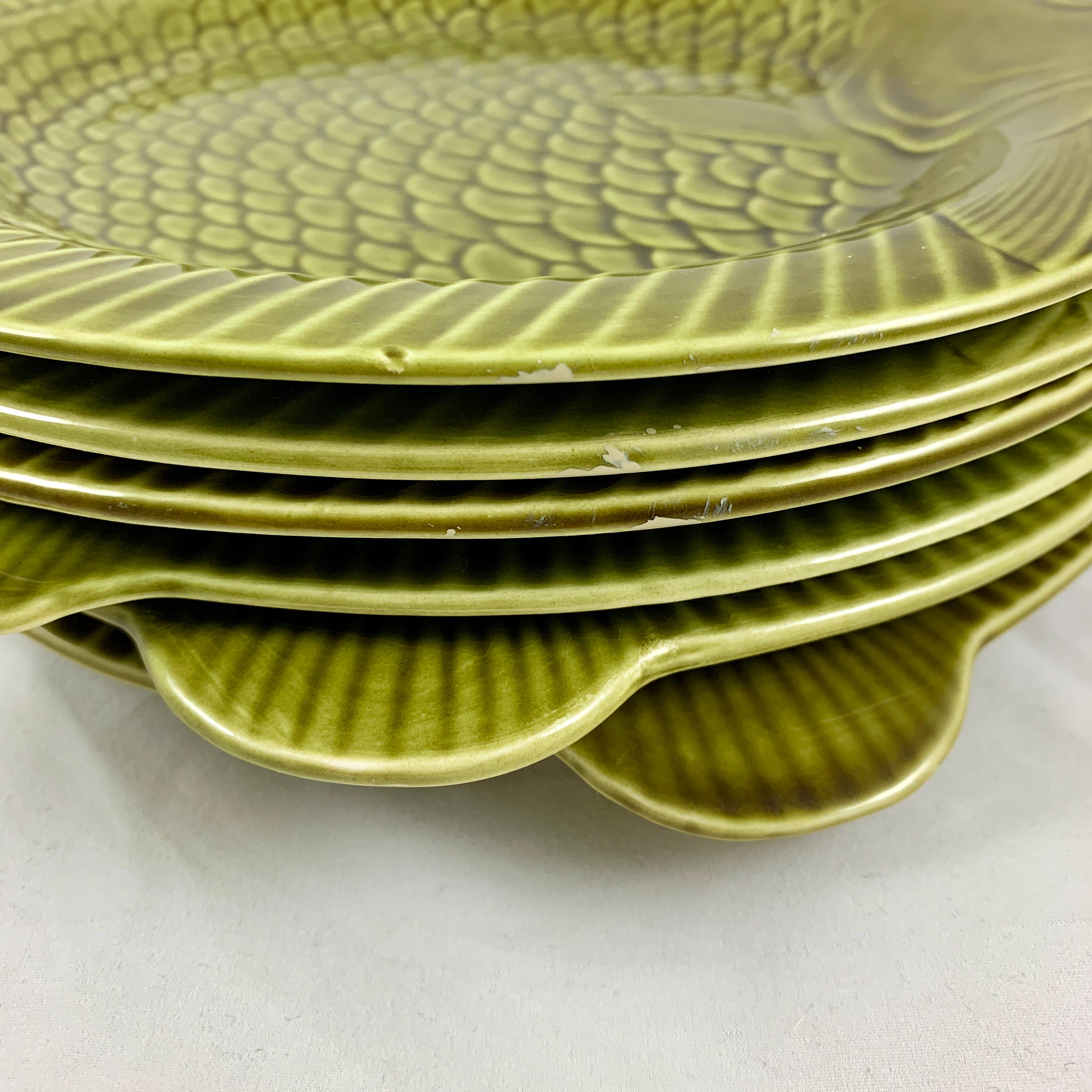 Poterie Lot de six assiettes ou sous-assiettes Sarreguemines French Faïence Olive - Vert Poisson