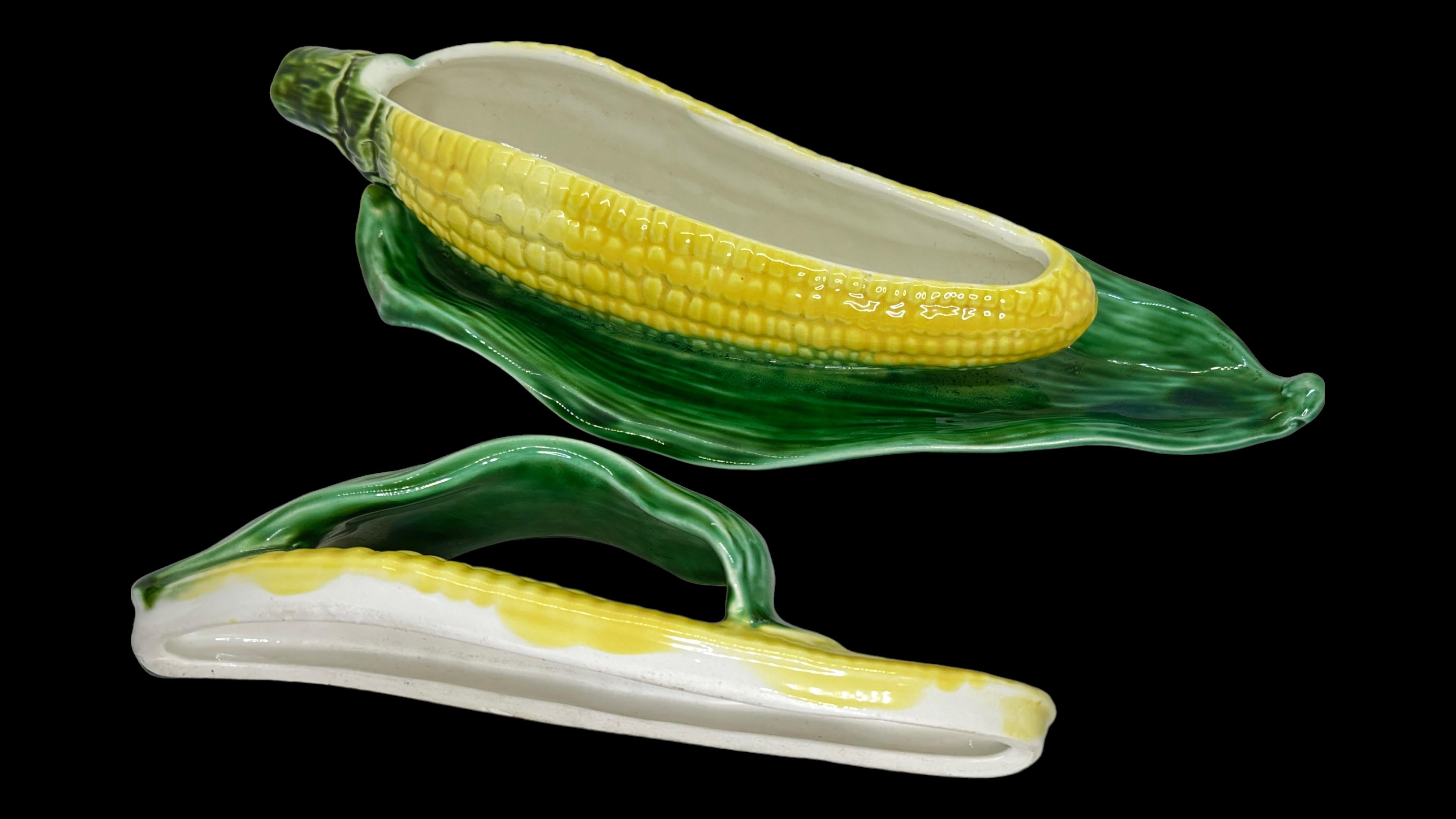 Sarreguemines French Majolica Corn on the Cob Lidded Tureen, Vintage France For Sale 6