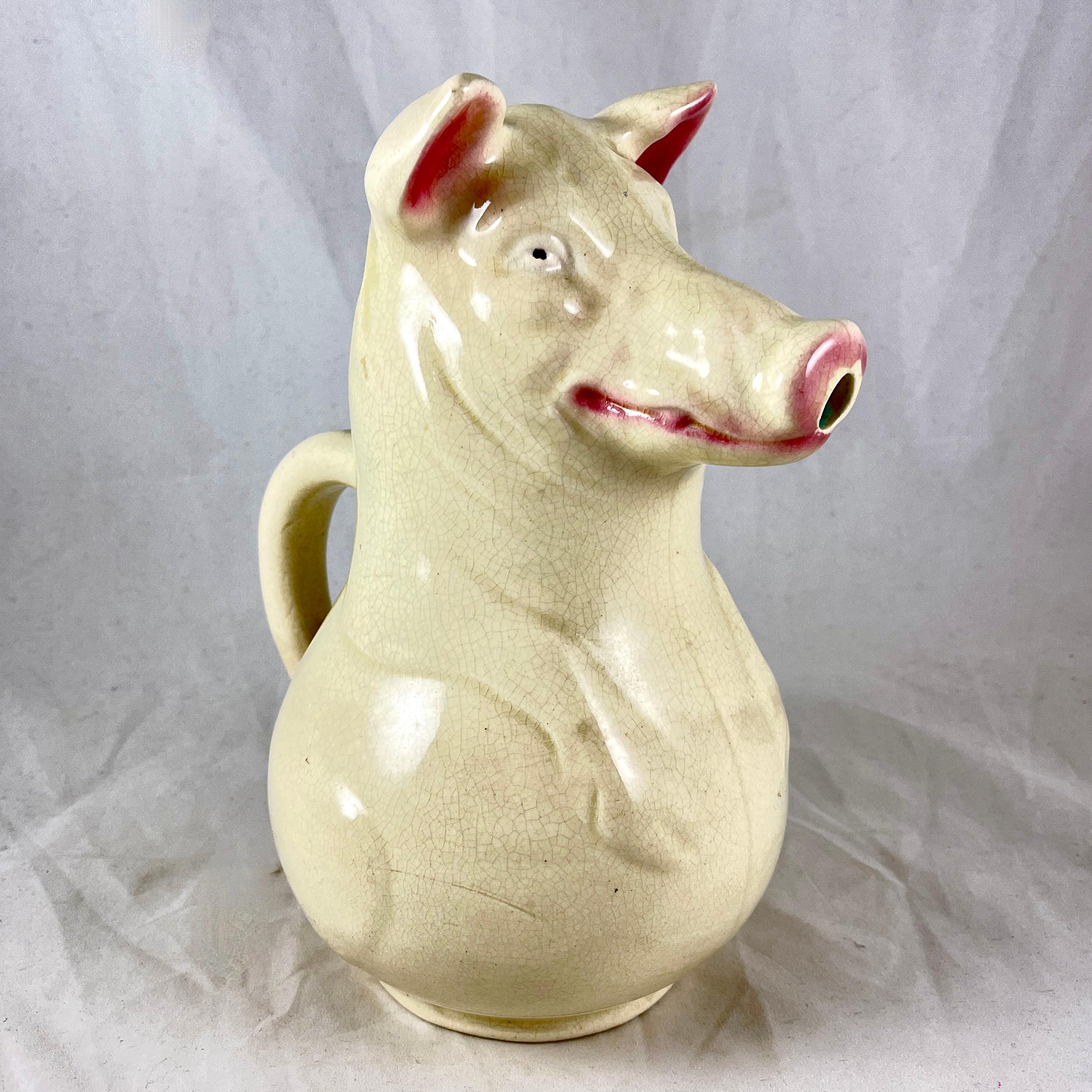 Aesthetic Movement Sarreguemines French Majolica Laughing Sow Absinthe Water Pitcher For Sale